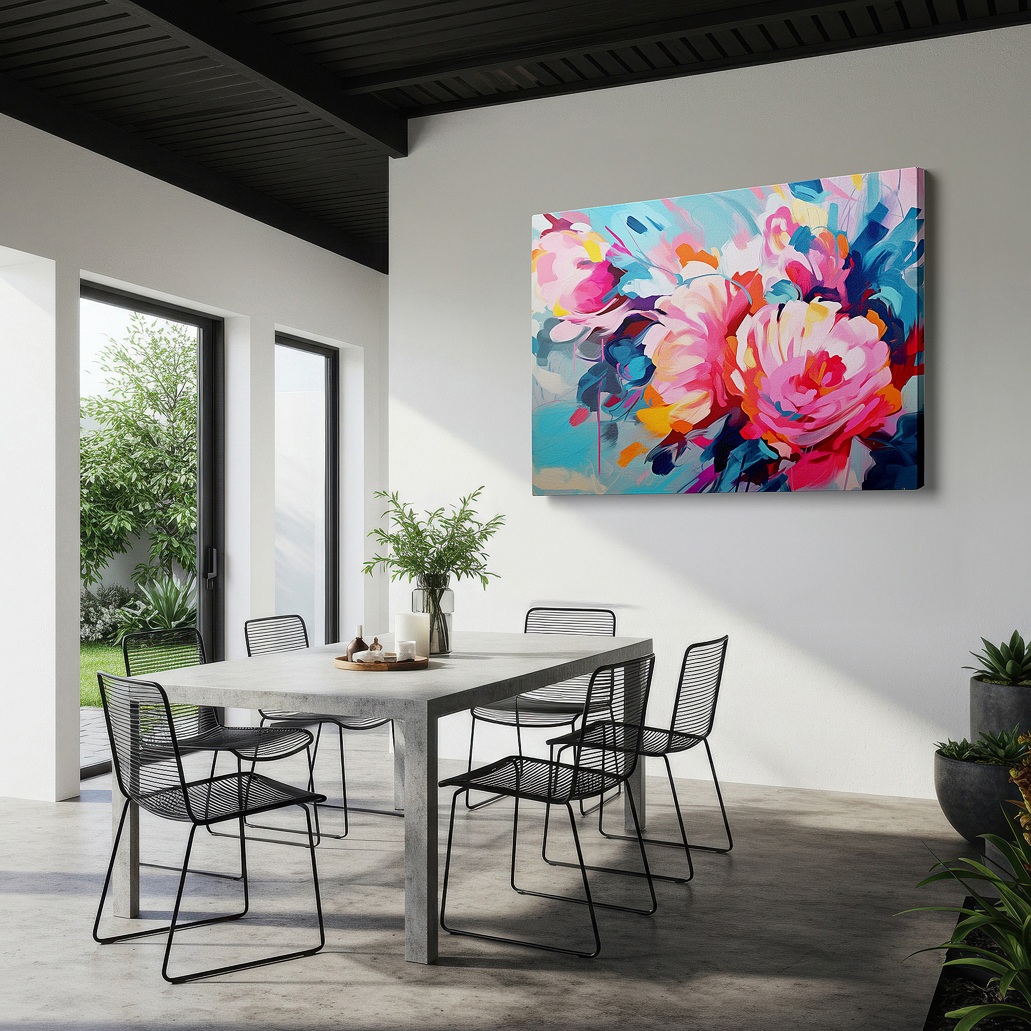 Presented on a clean white gallery wall with ample space — a lively display of abstract floral designs, enhancing environments with vivid colors and energetic vibes: large wall art, canvas wall art, wall art