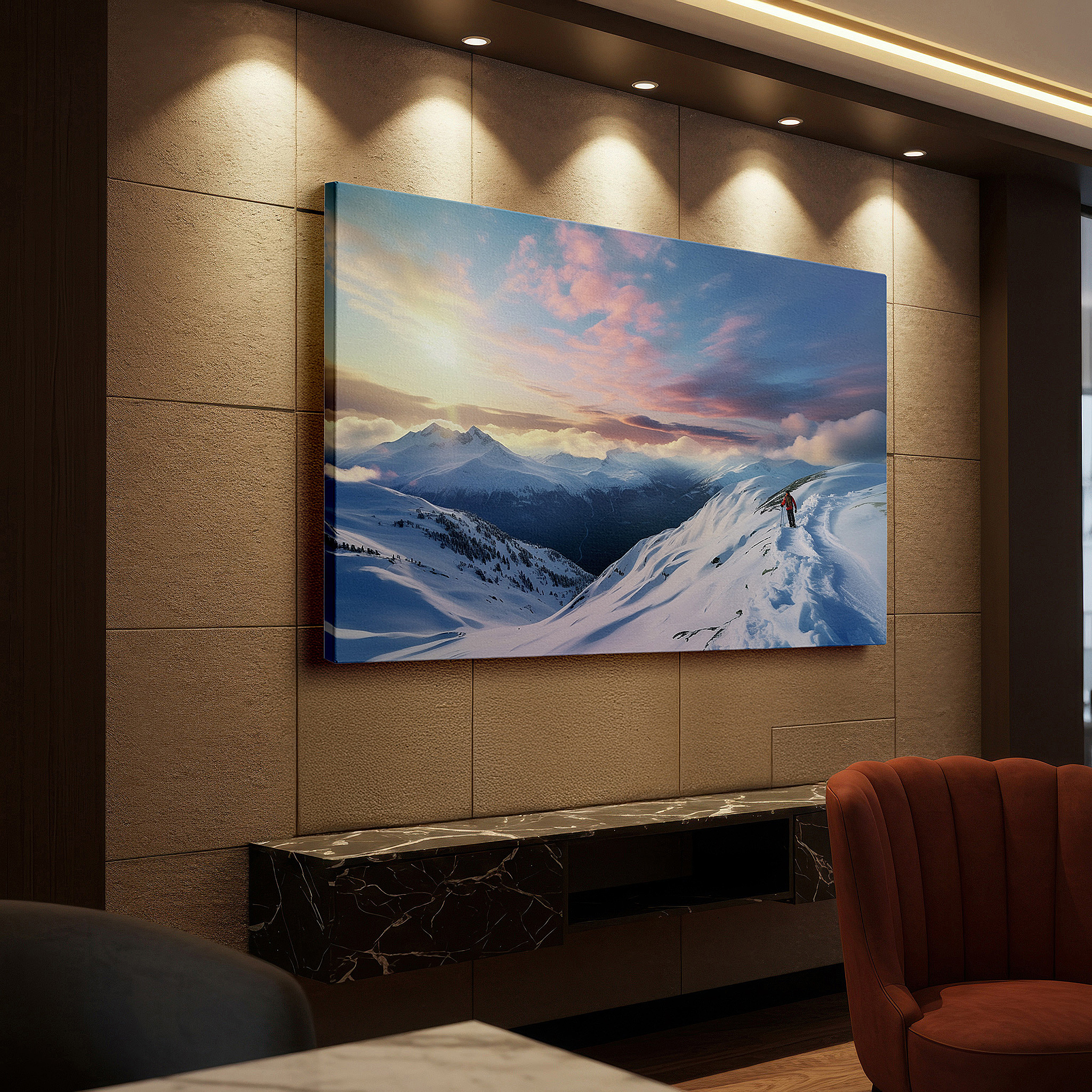 Presented on a clean white gallery wall with ample space — lone adventurer on snowy summit, silhouetted by dawn of renewal - large canvas wall art for office and bedroom decor