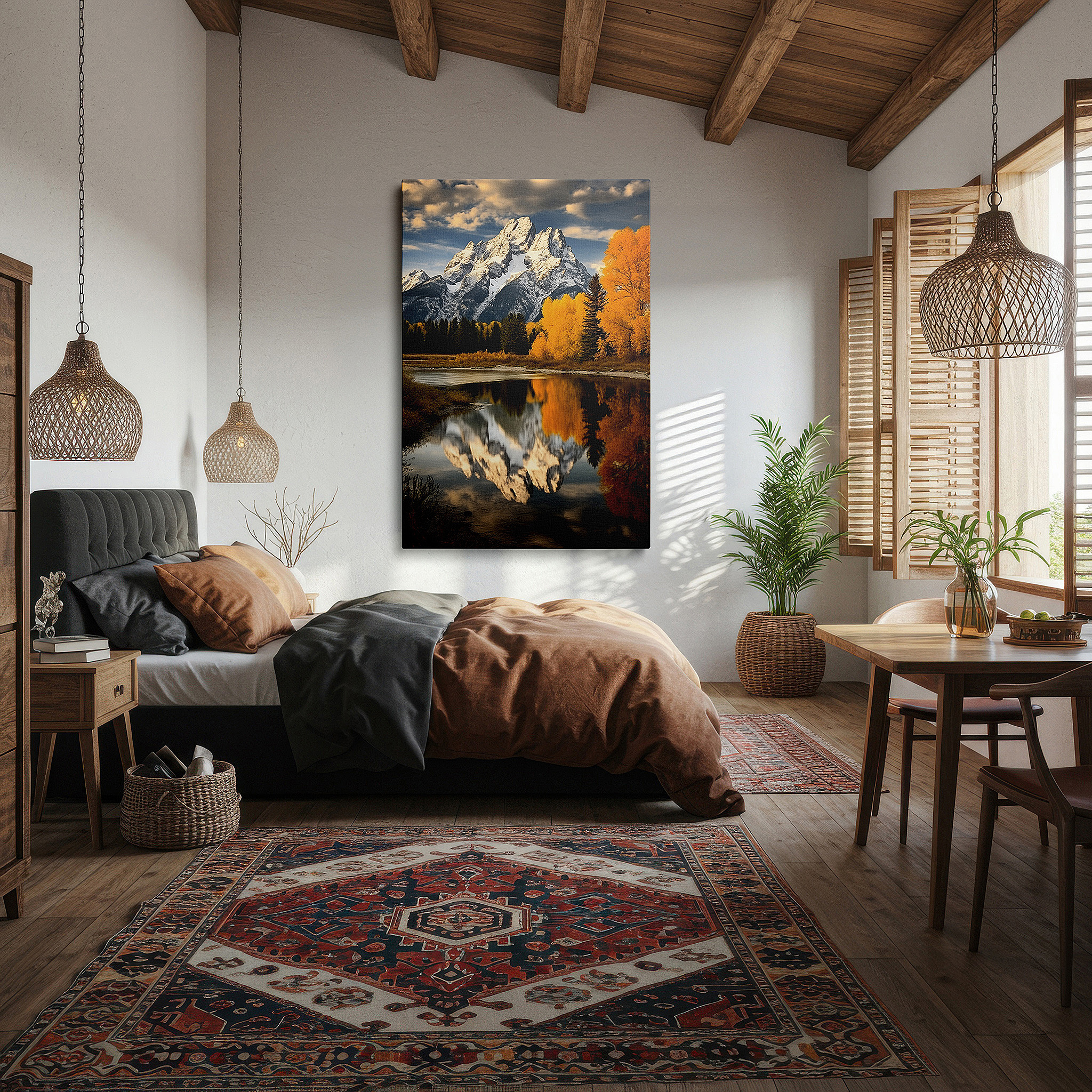 Presented on a clean white gallery wall with ample space — majestic mountains and autumn reflections in a tranquil lake: large canvas wall art for office, bedroom, and living room decor