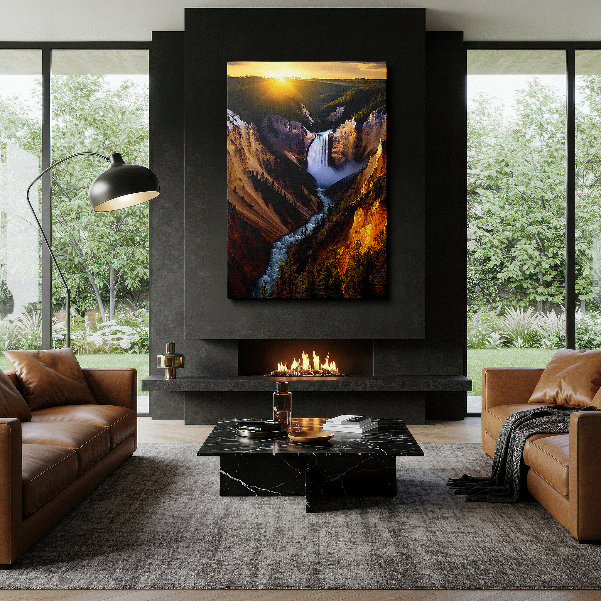 Presented on a clean white gallery wall with ample space — majestic waterfall at sunset canvas print - ideal for office, living room, or bedroom wall decor