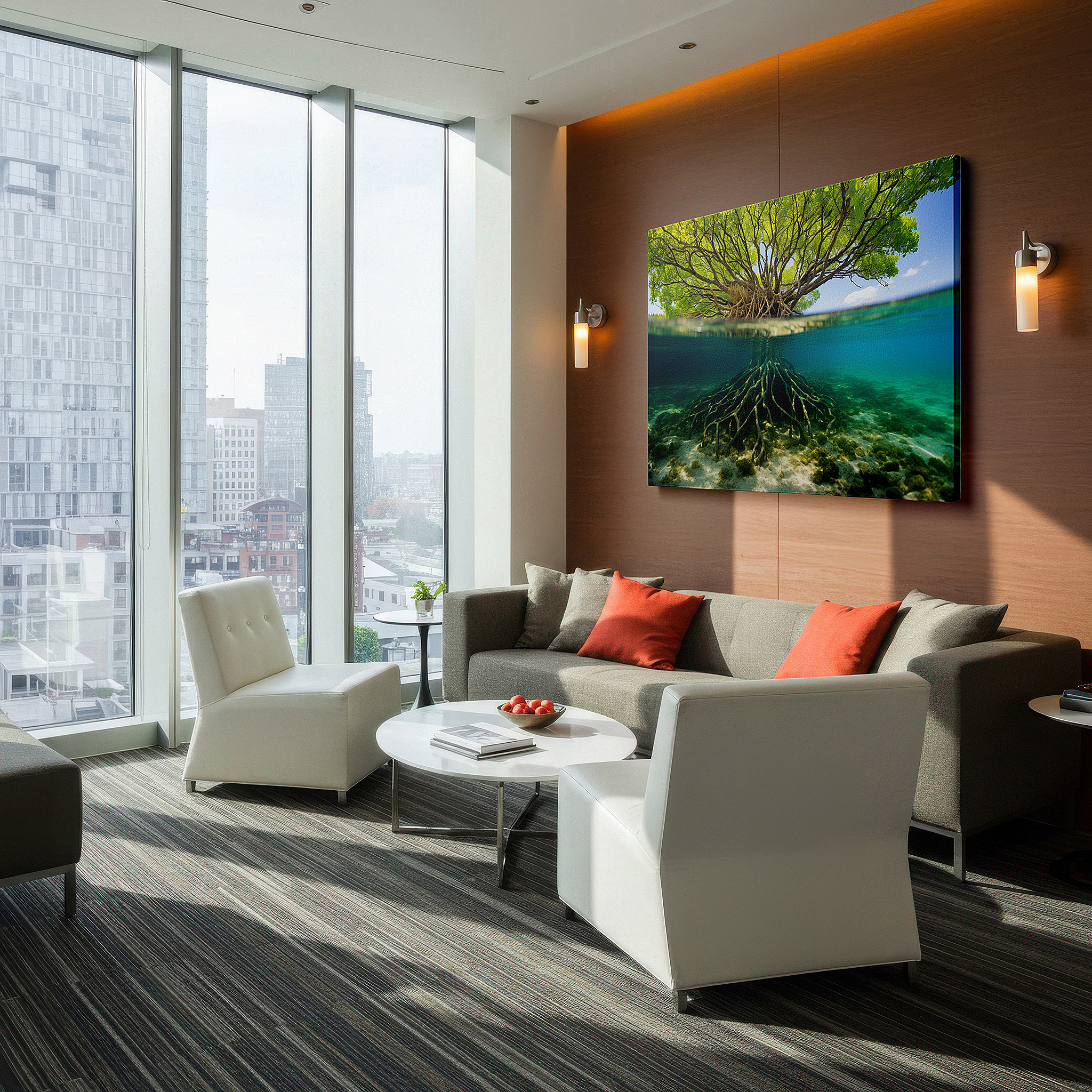 Presented on a clean white gallery wall with ample space — mangrove majesty: a vibrant underwater mosaic of life and resilience - large wall art, canvas wall art, wall decor for office and bedroom