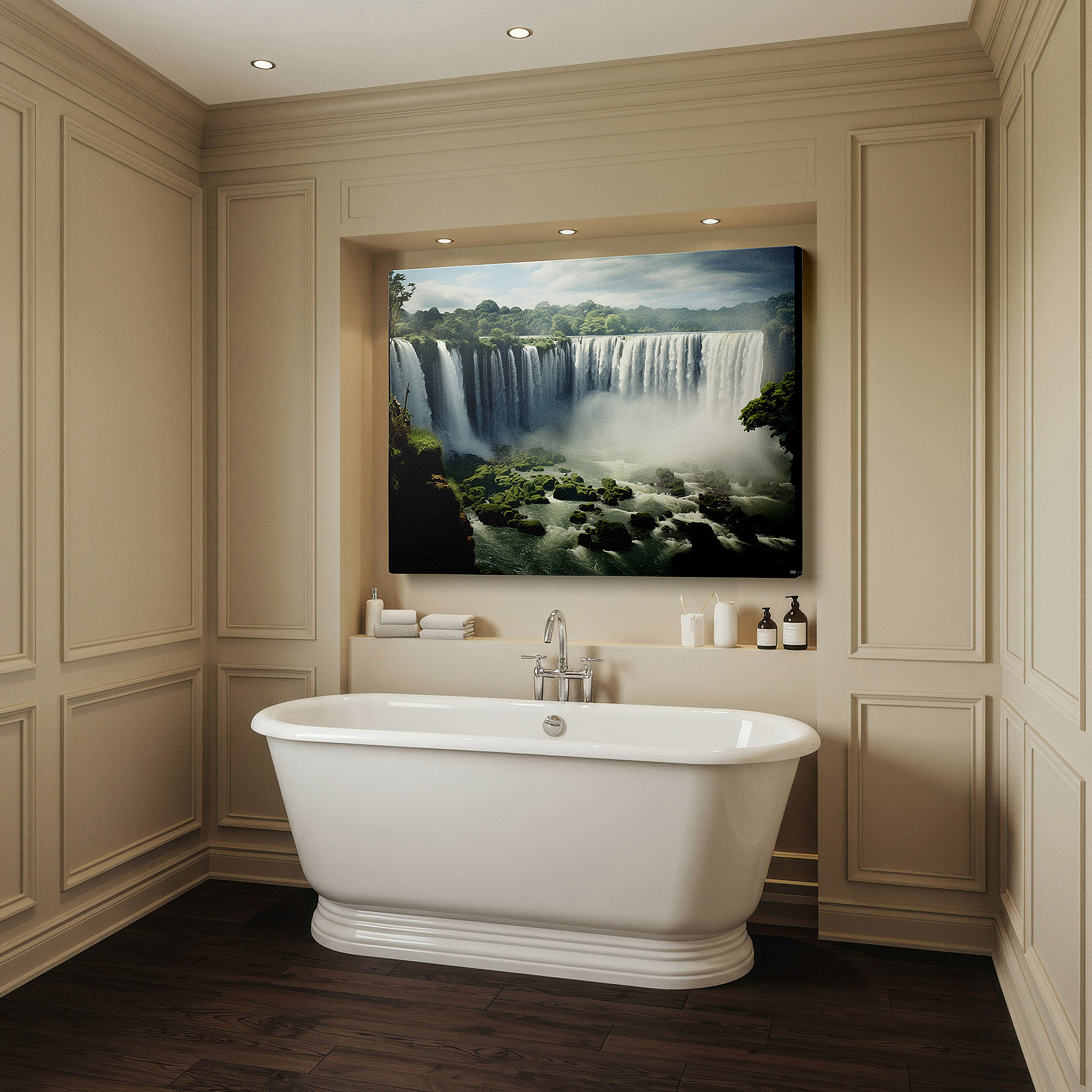 Presented on a clean white gallery wall with ample space — moss-covered cliffs and hidden waterfalls: a tranquil symphony of water and greenery large wall art, canvas wall art, wall decor for offices