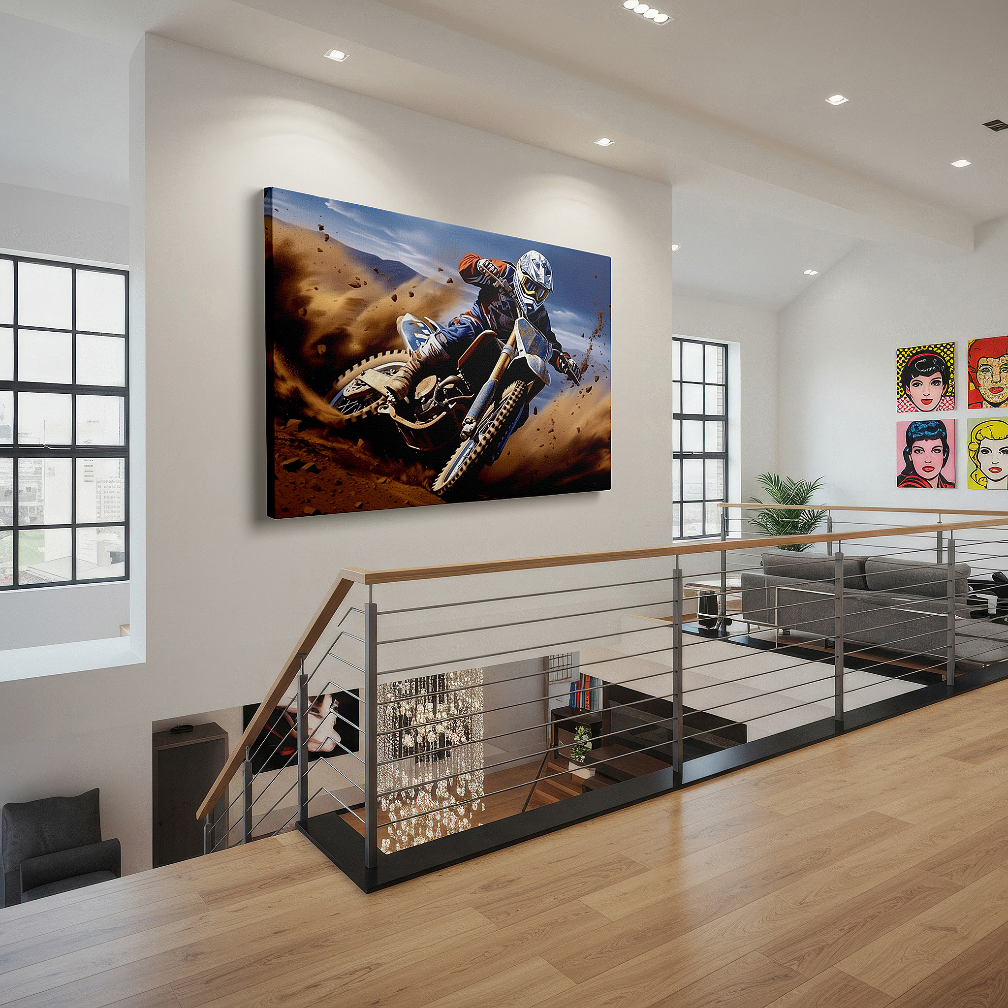 Presented on a clean white gallery wall with ample space — motocross racer wall art: dynamic scene with swirling dust, symbolizing motion and excitement - large canvas for home or office decor