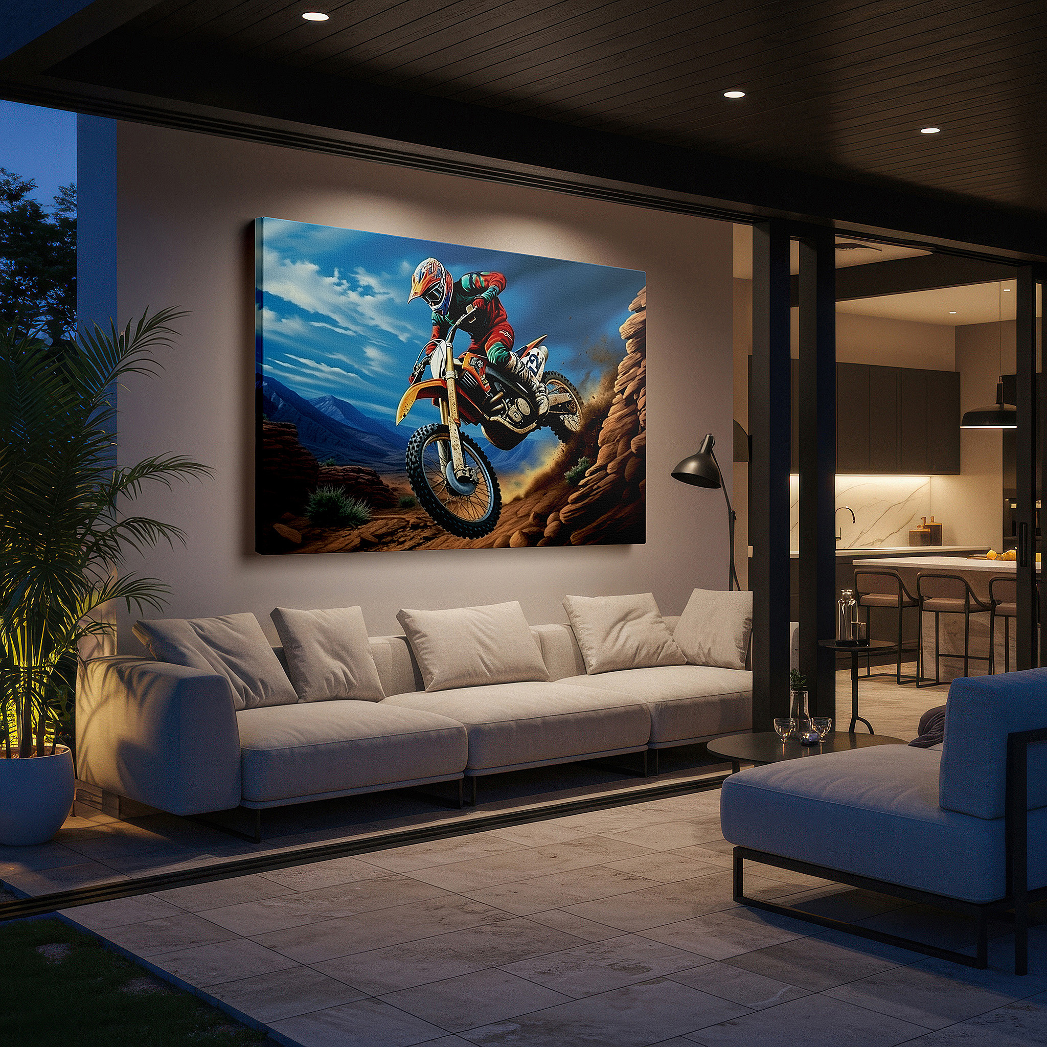 Presented on a clean white gallery wall with ample space — motocross racing excitement frozen mid-air over tough terrain - large wall art, canvas, decor for office and bedroom