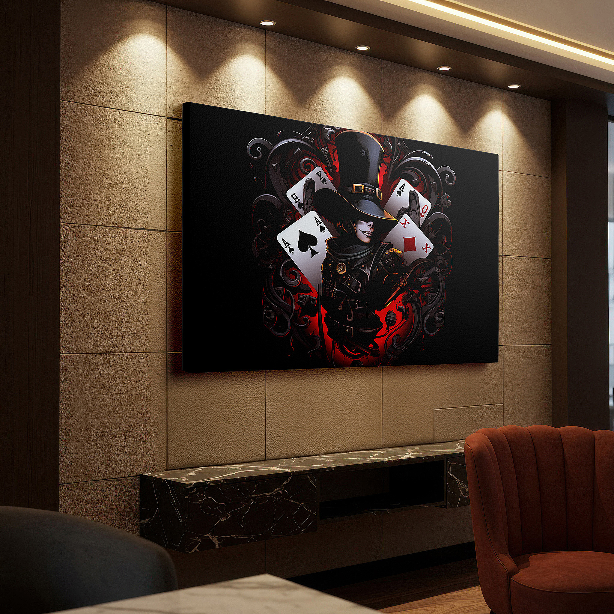 Presented on a clean white gallery wall with ample space — mysterious shadows and tactical challenges in a game-themed large wall art, canvas wall art, wall decor for office, bedroom, and living room