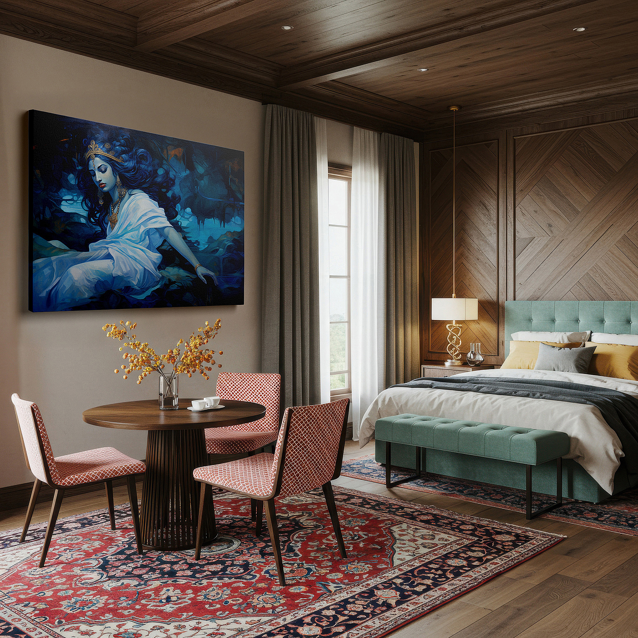 Presented on a clean white gallery wall with ample space — mystical elegance in blue hues: enigmatic figure draped in flowing robes, large wall art, canvas wall art, wall decor, office wall art