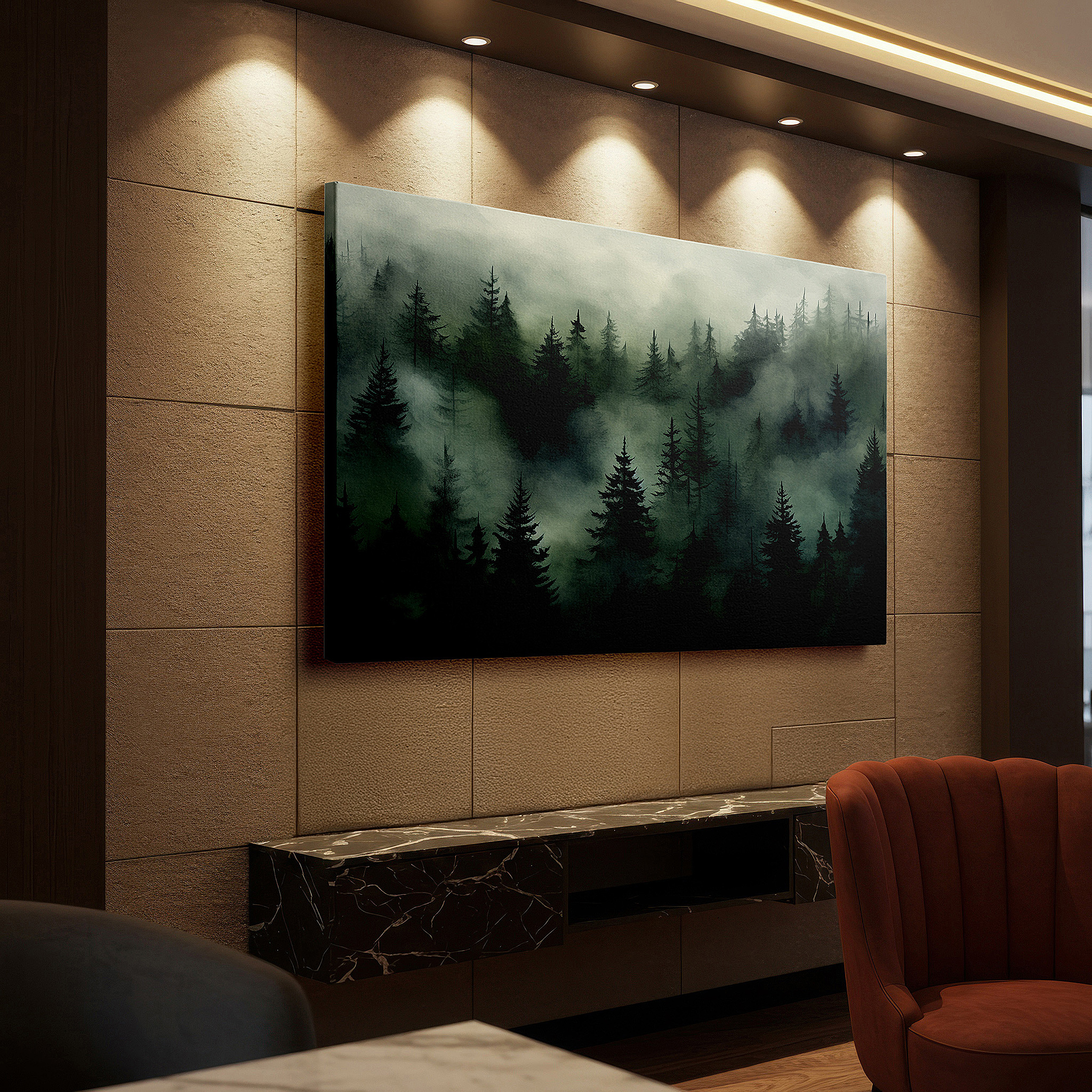 Presented on a clean white gallery wall with ample space — mystical misty forest hug, ethereal play of light and shadows large wall art, canvas wall art, wall decor for office, bedroom wall art, living room art
