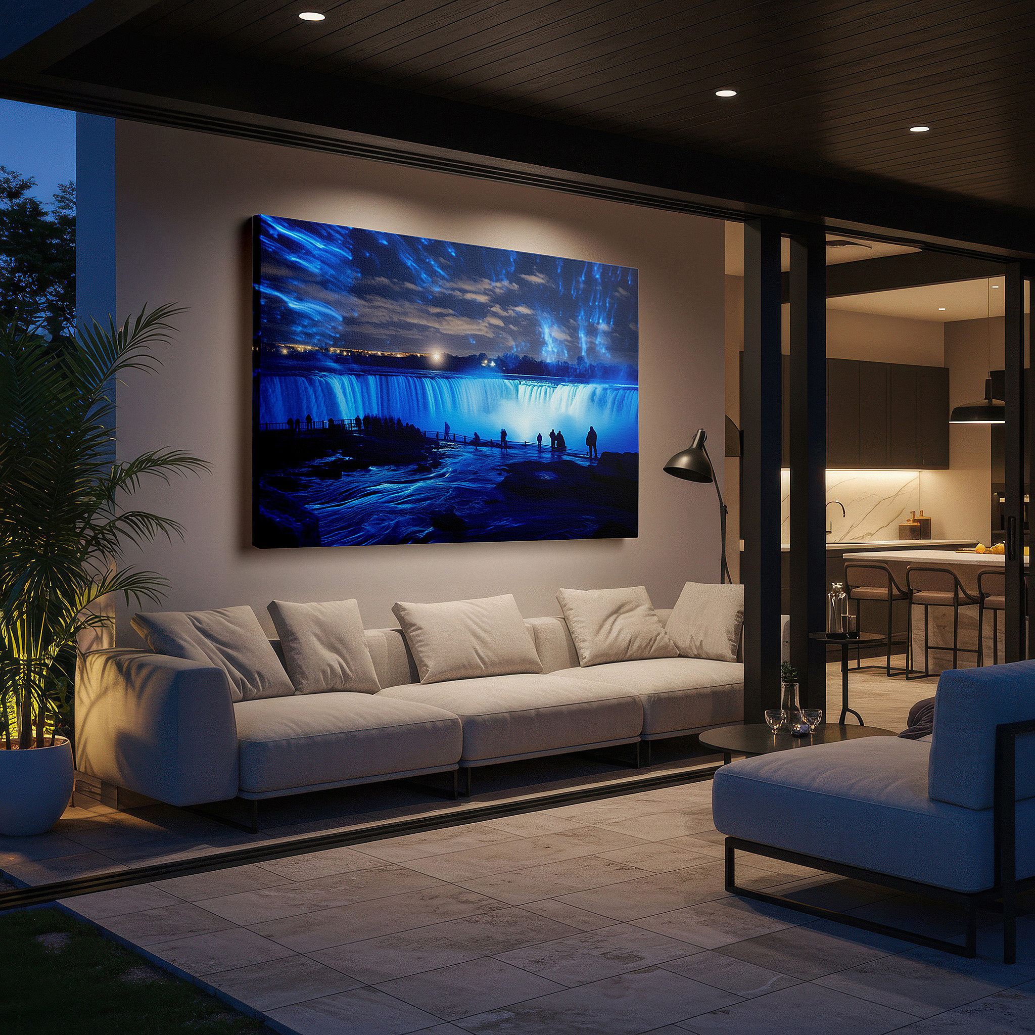 Presented on a clean white gallery wall with ample space — niagara falls enchanted evening: magical light and water display - large canvas wall art for home and office decor