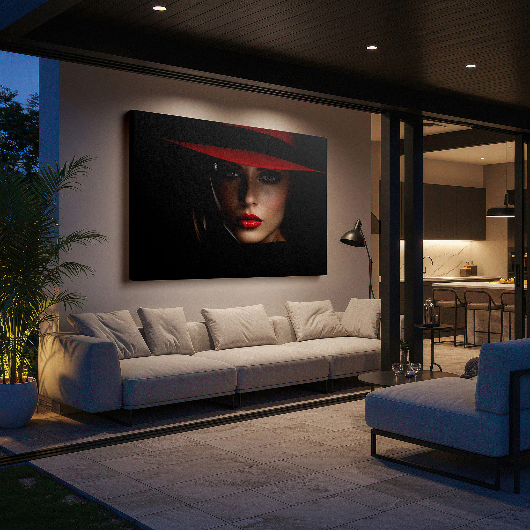 Presented on a clean white gallery wall with ample space — red glamour - sophisticated portrait with a vivid hat, large canvas wall art for office and bedroom decor