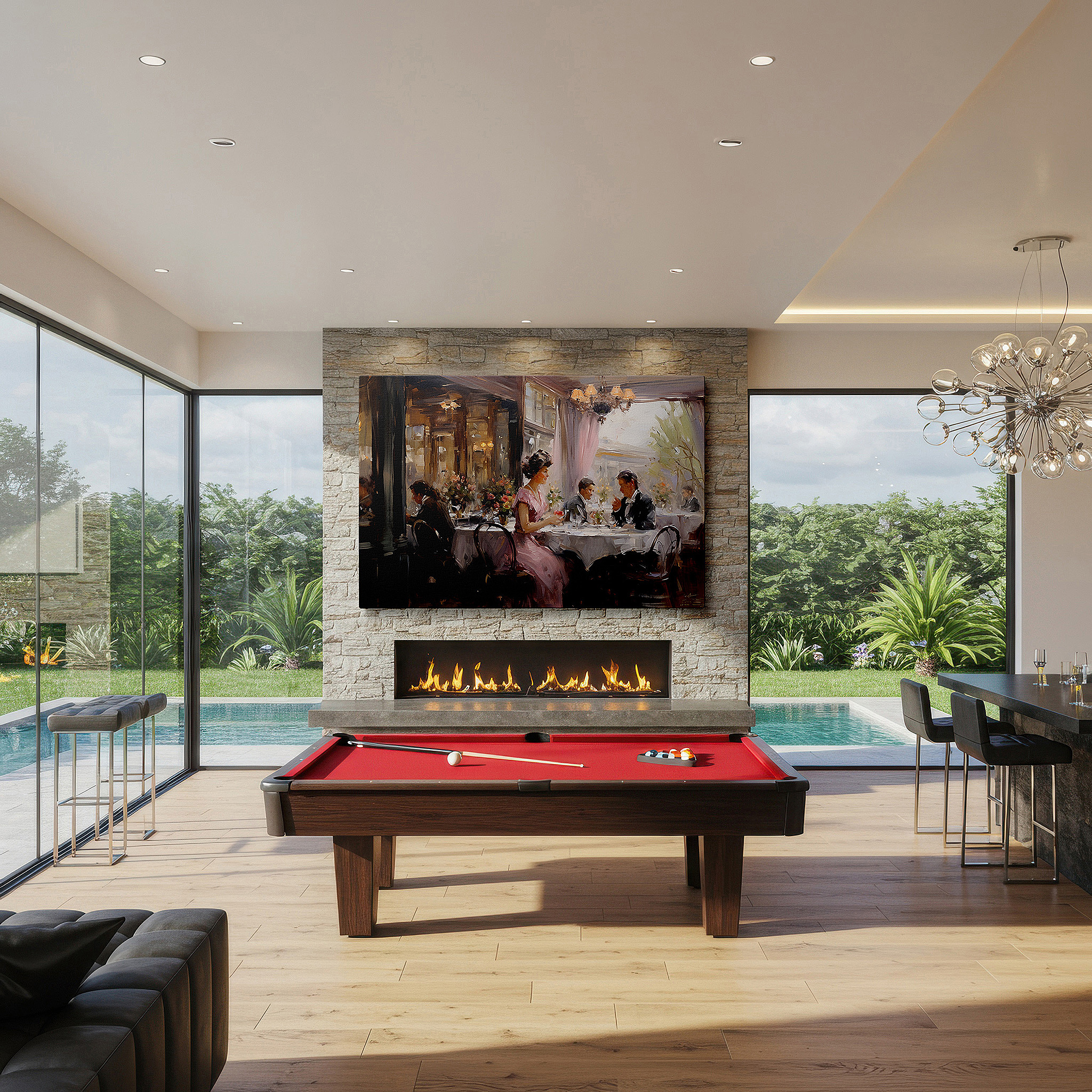 Presented on a clean white gallery wall with ample space — refined dining atmosphere illustrated in lively restaurant setting with detailed artistry and cozy ambiance - large wall art, canvas wall art