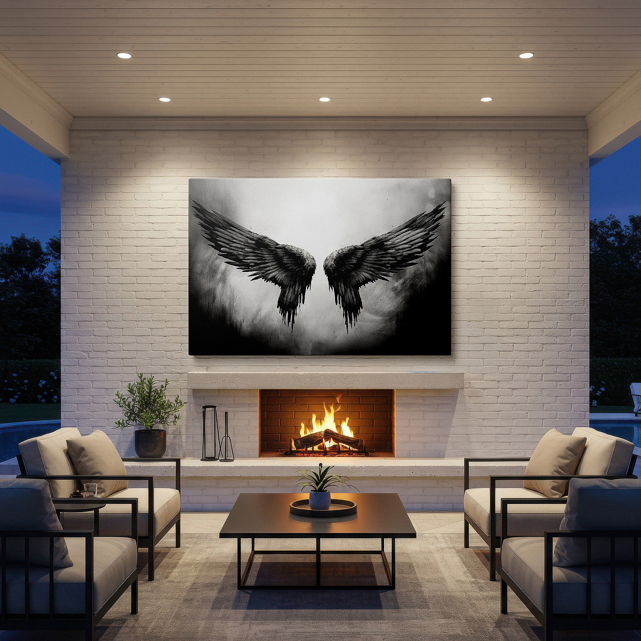 Presented on a clean white gallery wall with ample space — resilient black wings on textured grunge background - large canvas wall art for office, bedroom, and living room decor