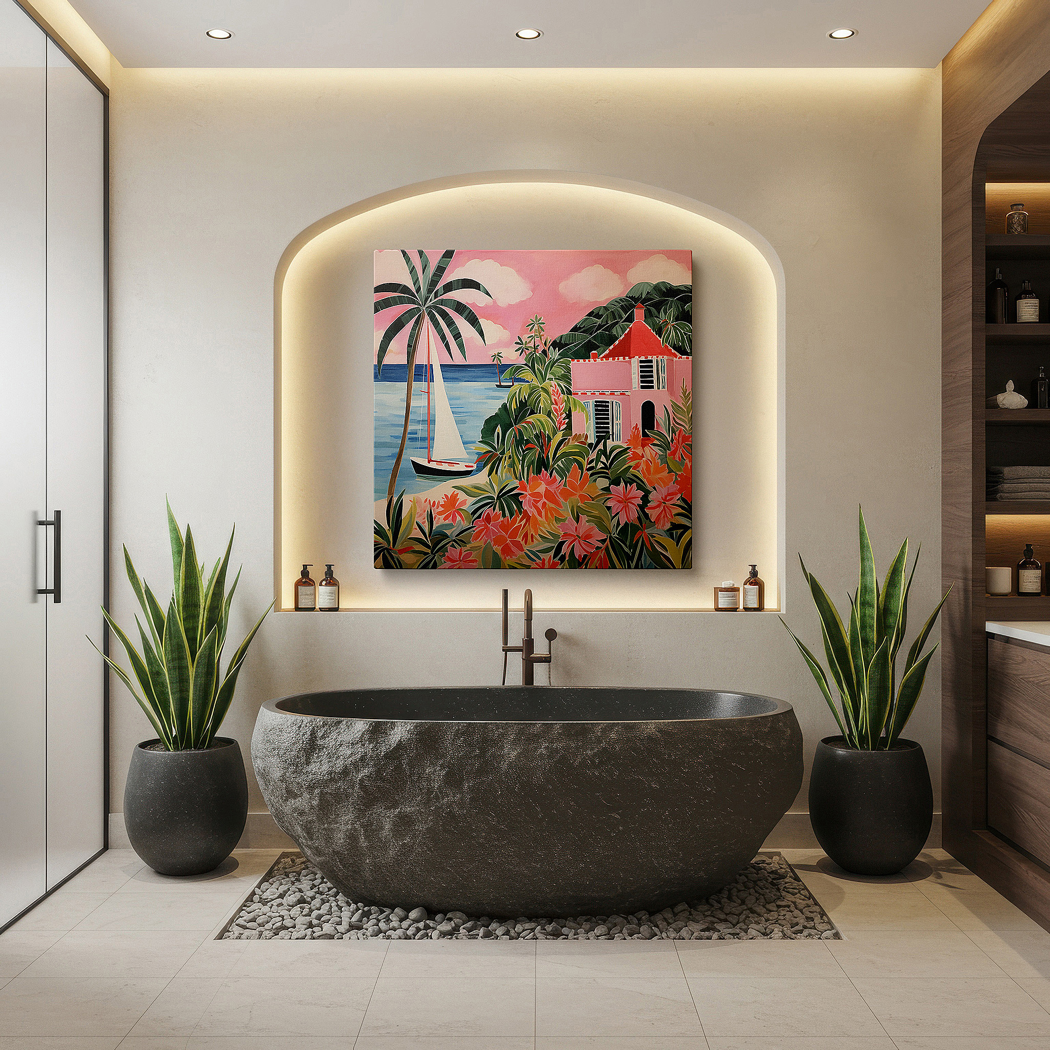 Presented on a clean white gallery wall with ample space — sailboat serenity in tropical paradise - tranquil escape with lush palms and sparkling seas - large wall art, canvas wall art, wall decor for office