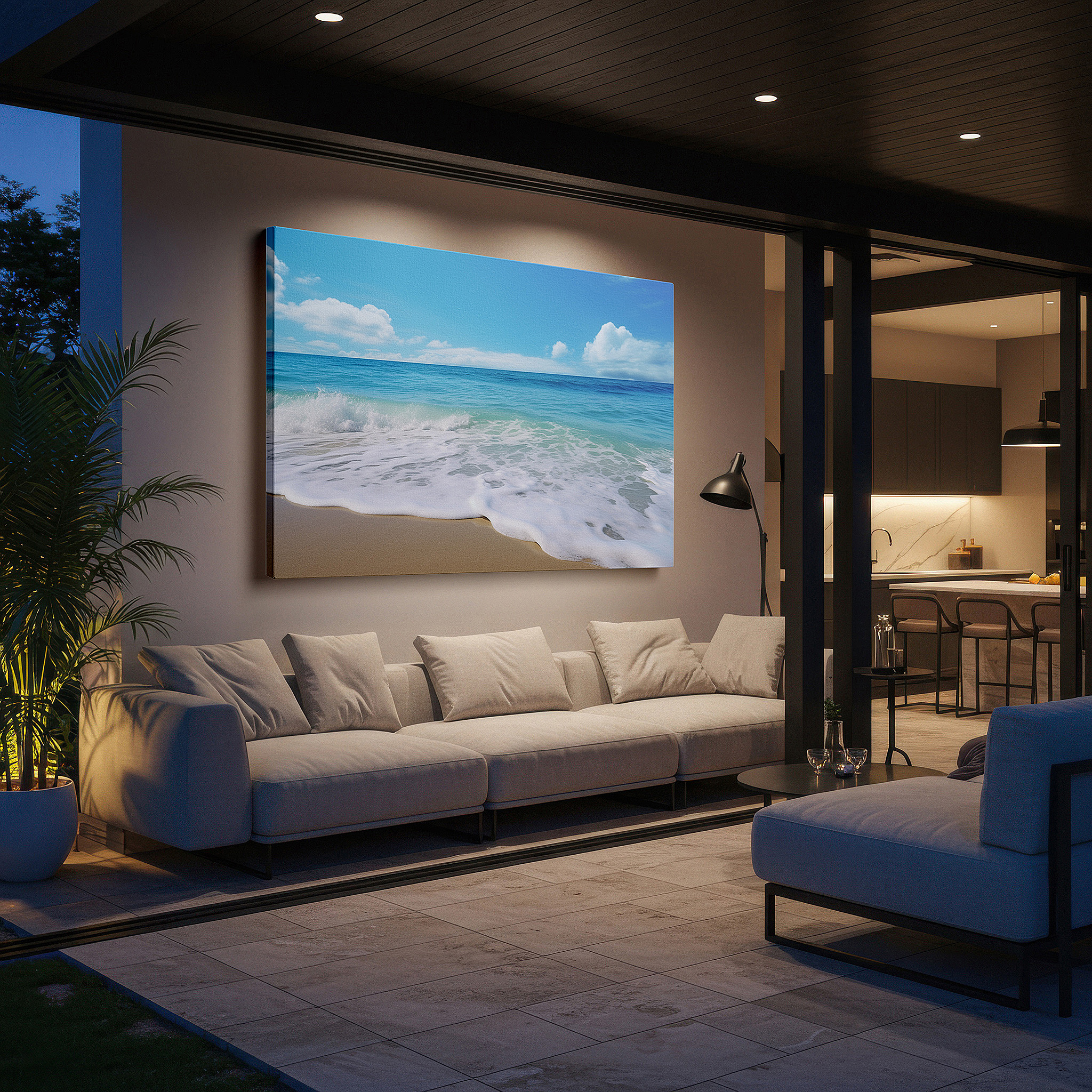 Presented on a clean white gallery wall with ample space — serene beachscape canvas wall art featuring crystal-clear waters and azure sky for office, bedroom, and living room decor
