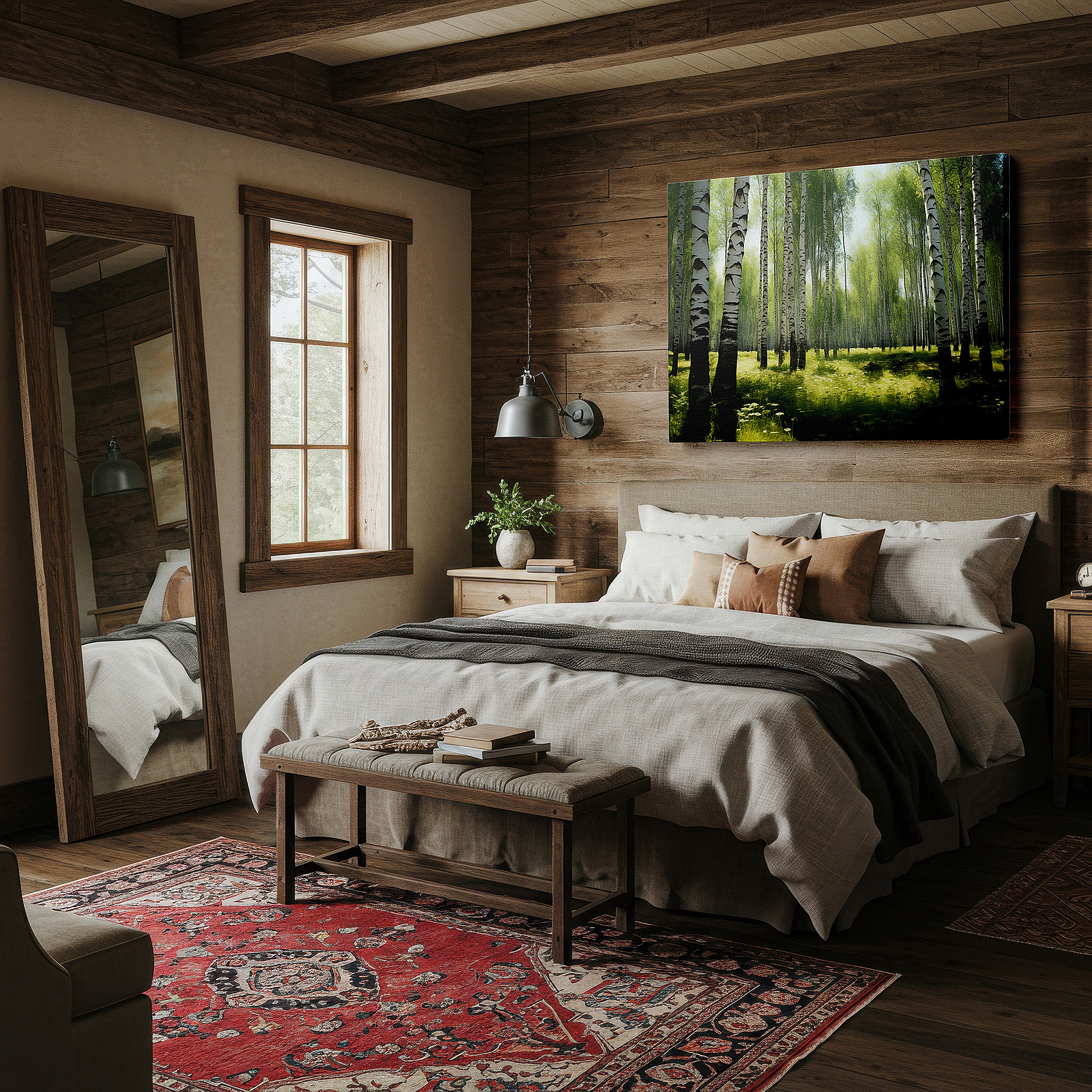 Presented on a clean white gallery wall with ample space — serene birch forest - peaceful woodland escape for quiet reflection: large wall art, canvas wall art, wall decor, office wall art