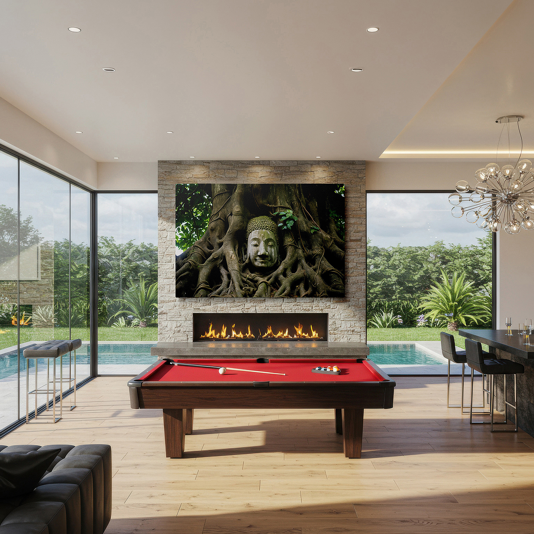 Presented on a clean white gallery wall with ample space — serene buddha amidst ancient roots - tranquility and wisdom themed large wall art, canvas wall art, wall decor for office and bedroom