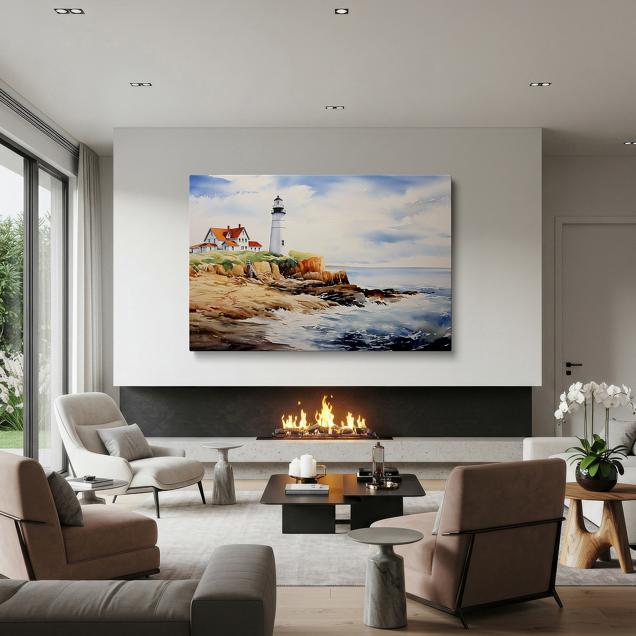 Presented on a clean white gallery wall with ample space — serene coastal lighthouse scene wall art: large canvas featuring soft pastels and an ethereal sky, perfect for office or bedroom decor.
