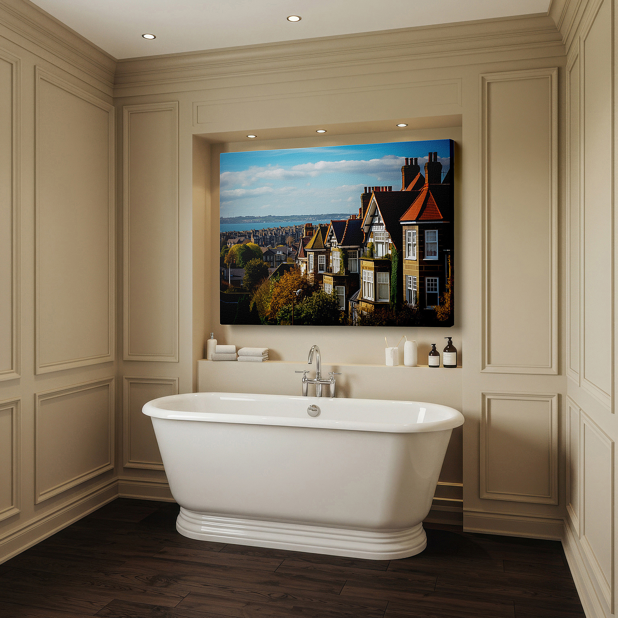 Presented on a clean white gallery wall with ample space — serene coastal village canvas with sunlit homes and blue sea - large wall art for office, bedroom, and living room decor
