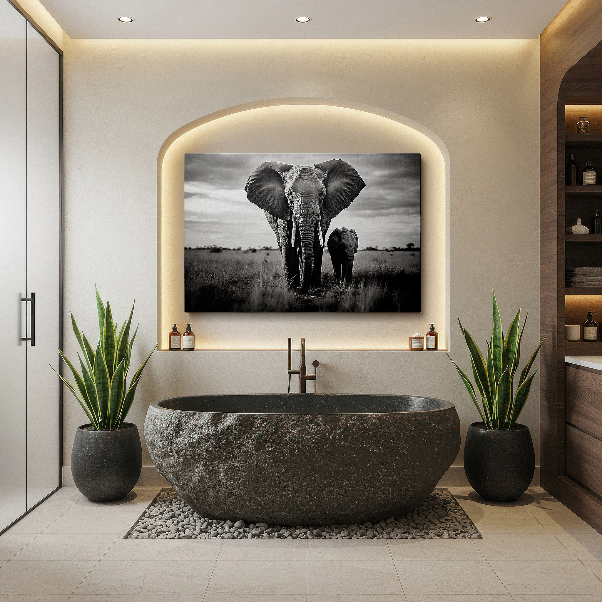 Presented on a clean white gallery wall with ample space — serene elephants beneath a cloudy sky - tranquil wildlife scene large wall art, canvas wall art, wall decor for office and bedroom