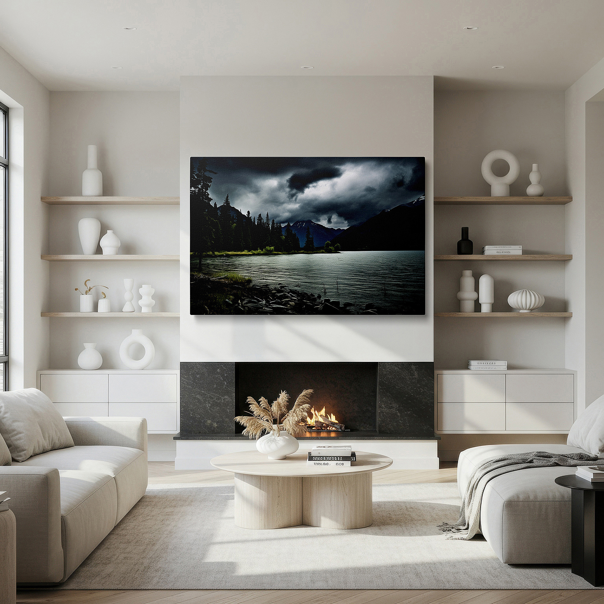 Presented on a clean white gallery wall with ample space — serene lake against stormy skies, majestic mountains beneath ominous clouds large wall art, canvas wall art, wall decor, office wall art, bedroom wall art