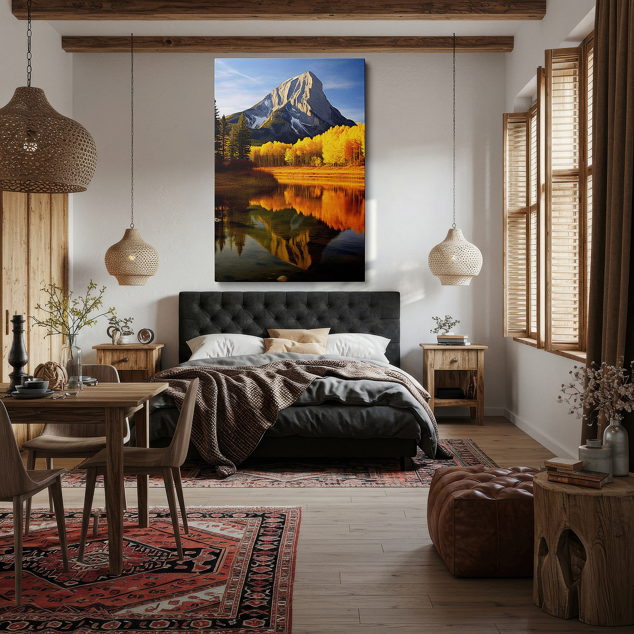 Presented on a clean white gallery wall with ample space — serene lake and fall foliage reflections of mountain grandeur - oversized canvas wall art for home and office decor