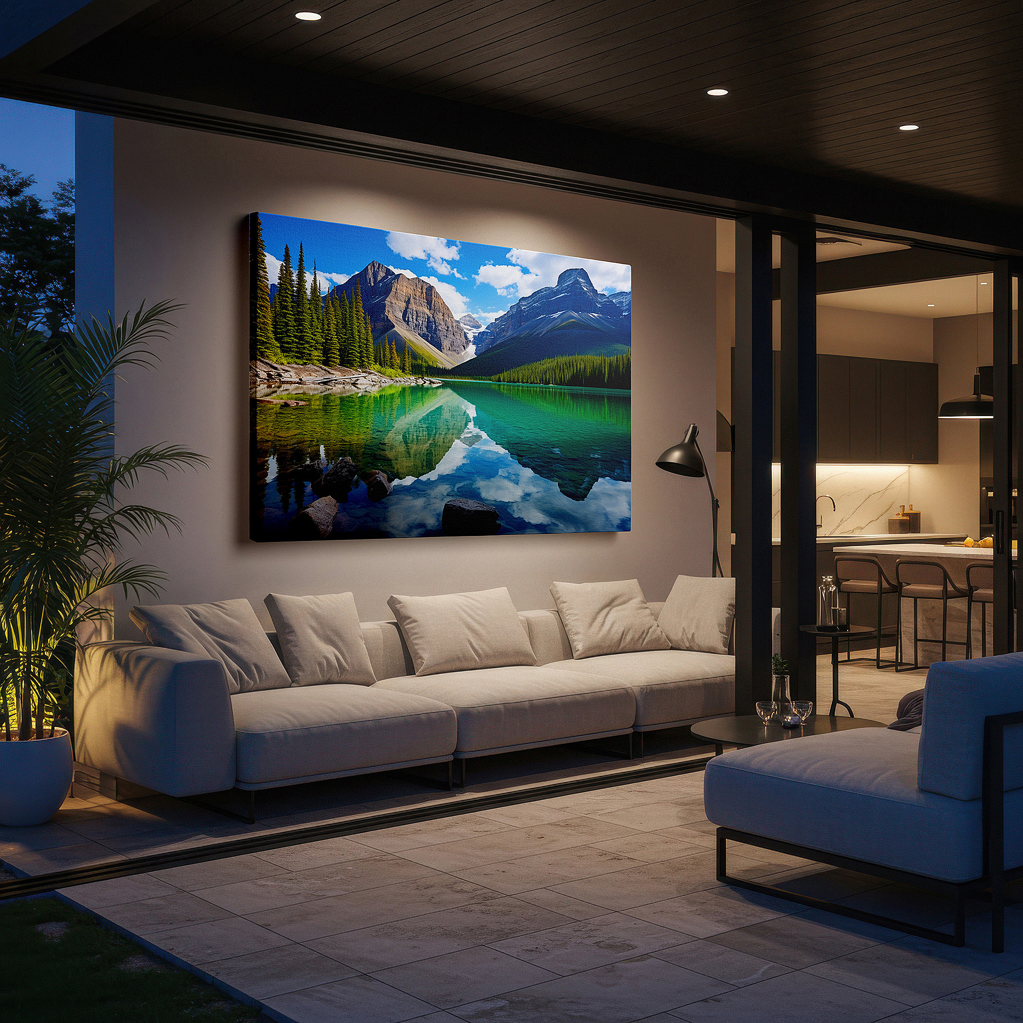 Presented on a clean white gallery wall with ample space — serene mountain lake and verdant trees reflection wall art - vibrant blue sky canvas for office and bedroom decor