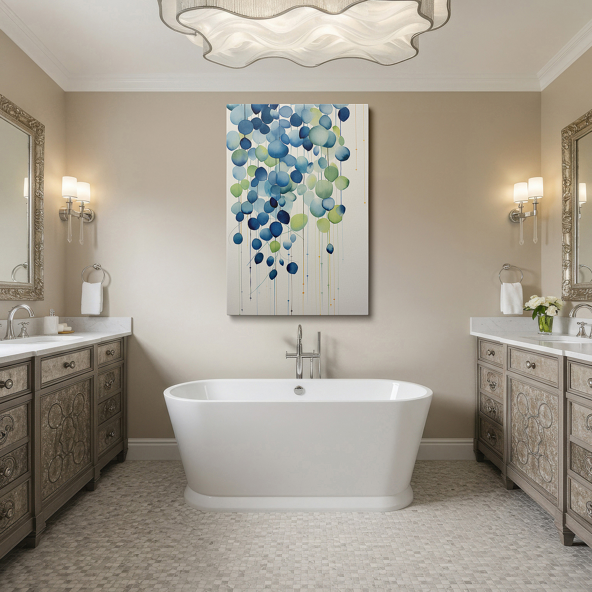 Presented on a clean white gallery wall with ample space — serene nature-inspired wall art featuring cascading leaves and blooms in blue and green tones, large canvas for home or office decor