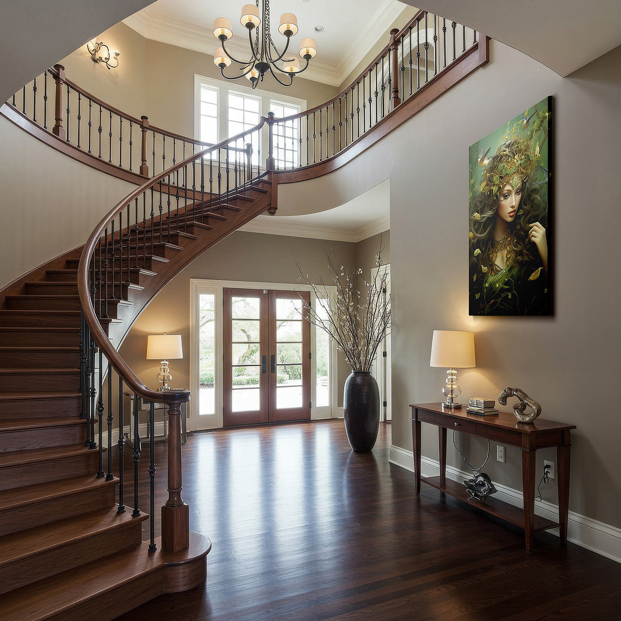 Presented on a clean white gallery wall with ample space — serene protector of nature, woman surrounded by lush greenery large wall art, canvas wall art, wall decor for office and bedroom