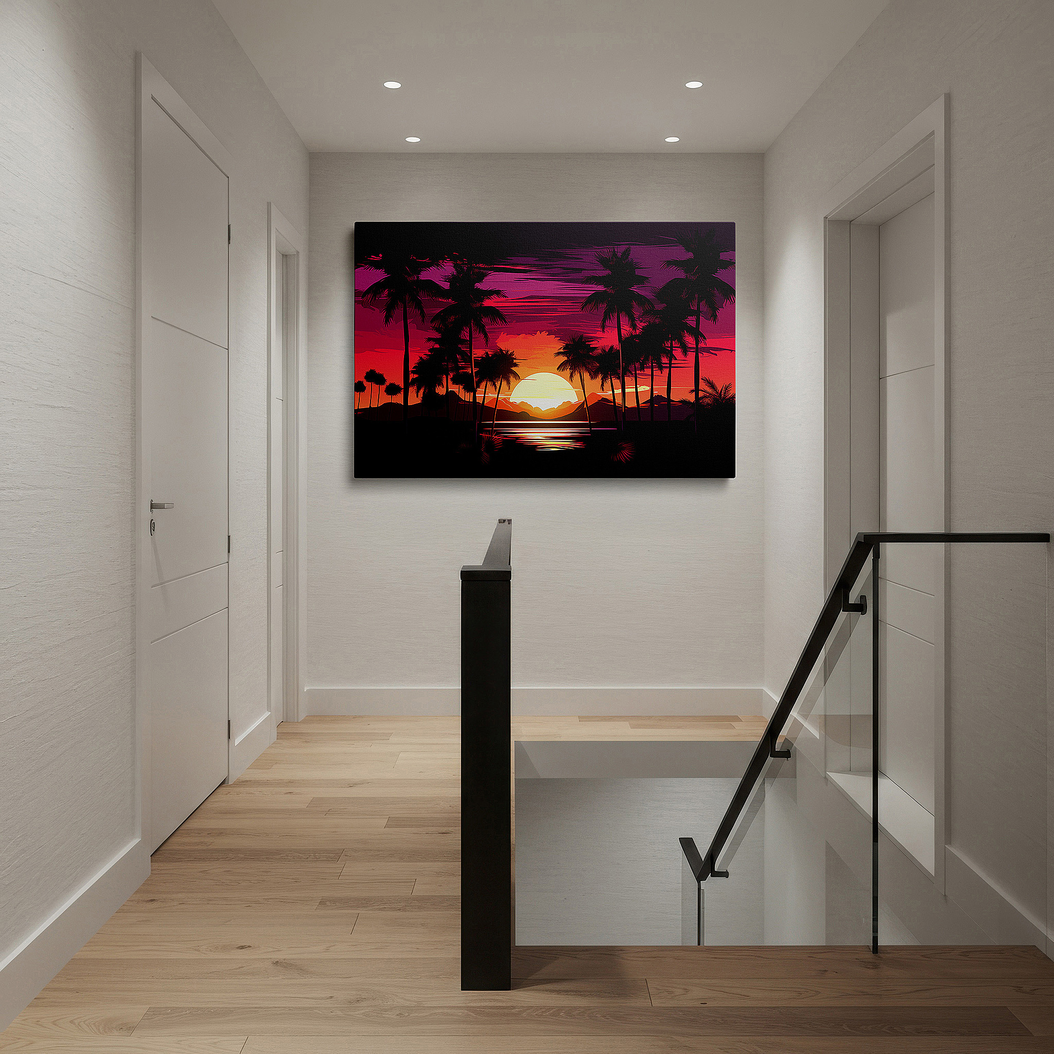 Presented on a clean white gallery wall with ample space — serene sunset canvas featuring silhouetted palm trees and ocean horizon - large wall art for office, bedroom, and living room decor