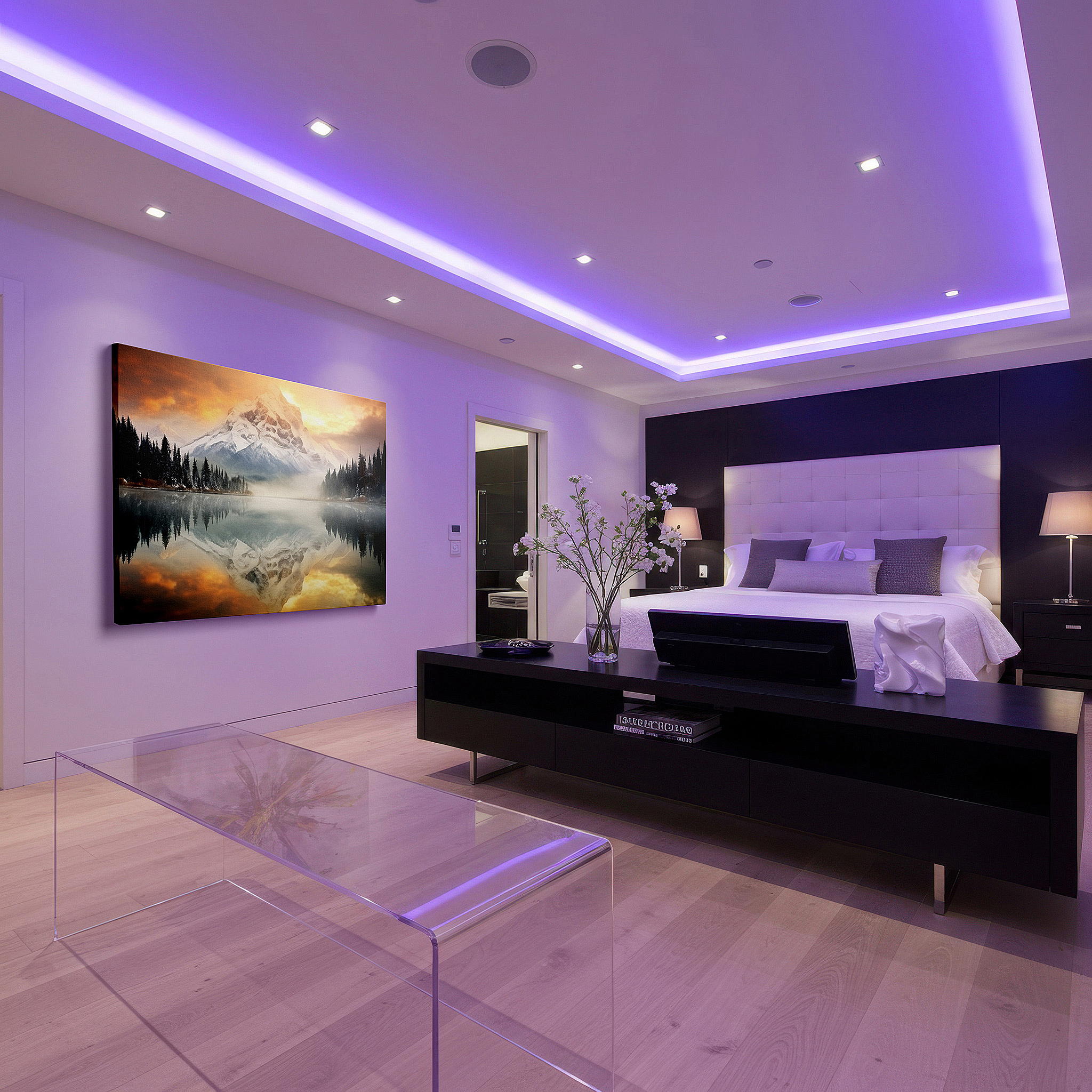 Presented on a clean white gallery wall with ample space — serene sunset over snow-capped peaks and reflective lake large wall art, canvas wall art, wall art decor, office wall art, bedroom wall art, living room wall art