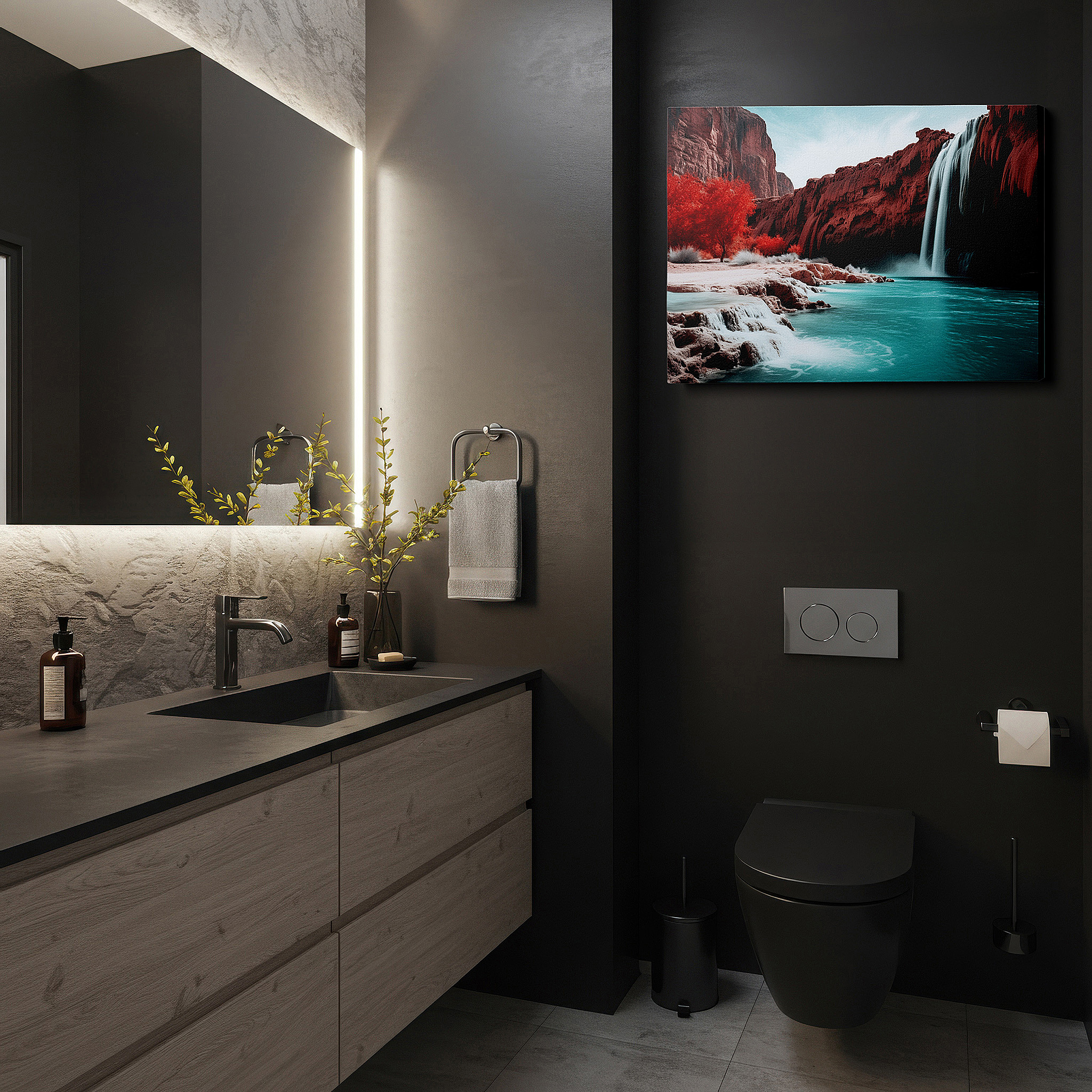 Presented on a clean white gallery wall with ample space — serene waterfalls on crimson rocks surrounded by verdant foliage: oversized wall art for living rooms, bedrooms, and offices