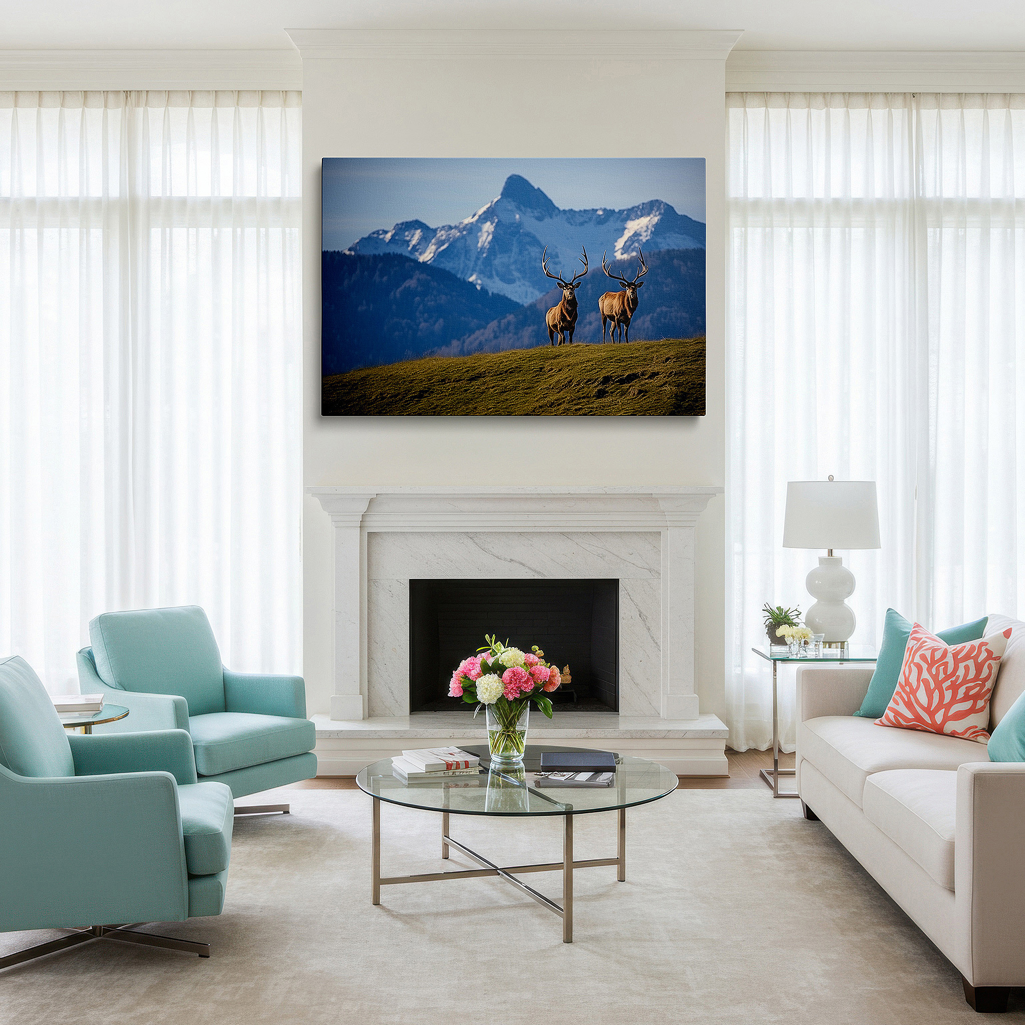 Presented on a clean white gallery wall with ample space — serene wilderness and majestic elk large canvas wall art with lush greenery and snow-capped mountains for office and bedroom decor