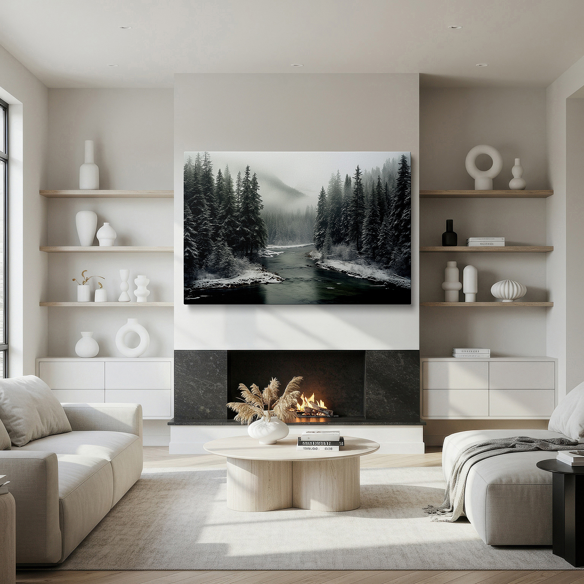 Presented on a clean white gallery wall with ample space — serene winter scene with enchanted river and snowy forest large canvas wall art for office and bedroom decor