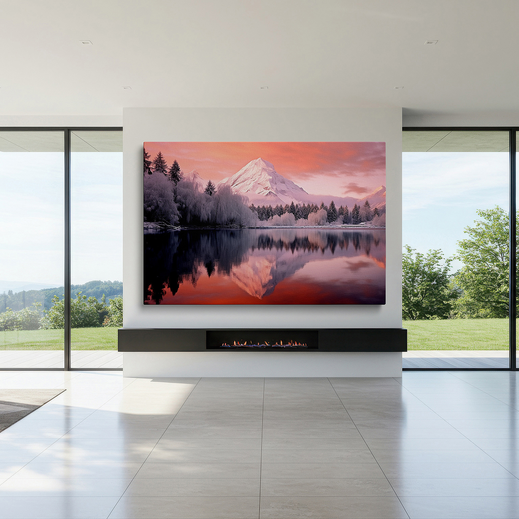 Presented on a clean white gallery wall with ample space — serene winter scene with snow-capped mountains and reflective lake - large canvas wall art for office and bedroom decor
