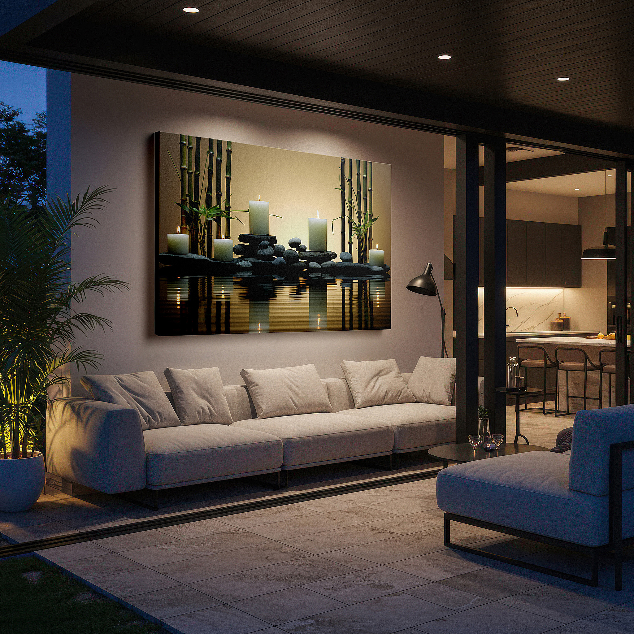Presented on a clean white gallery wall with ample space — serenity in candles, stones, and bamboo: tranquil reflections for peaceful spaces - large wall art, canvas wall art, wall art decor, office wall art