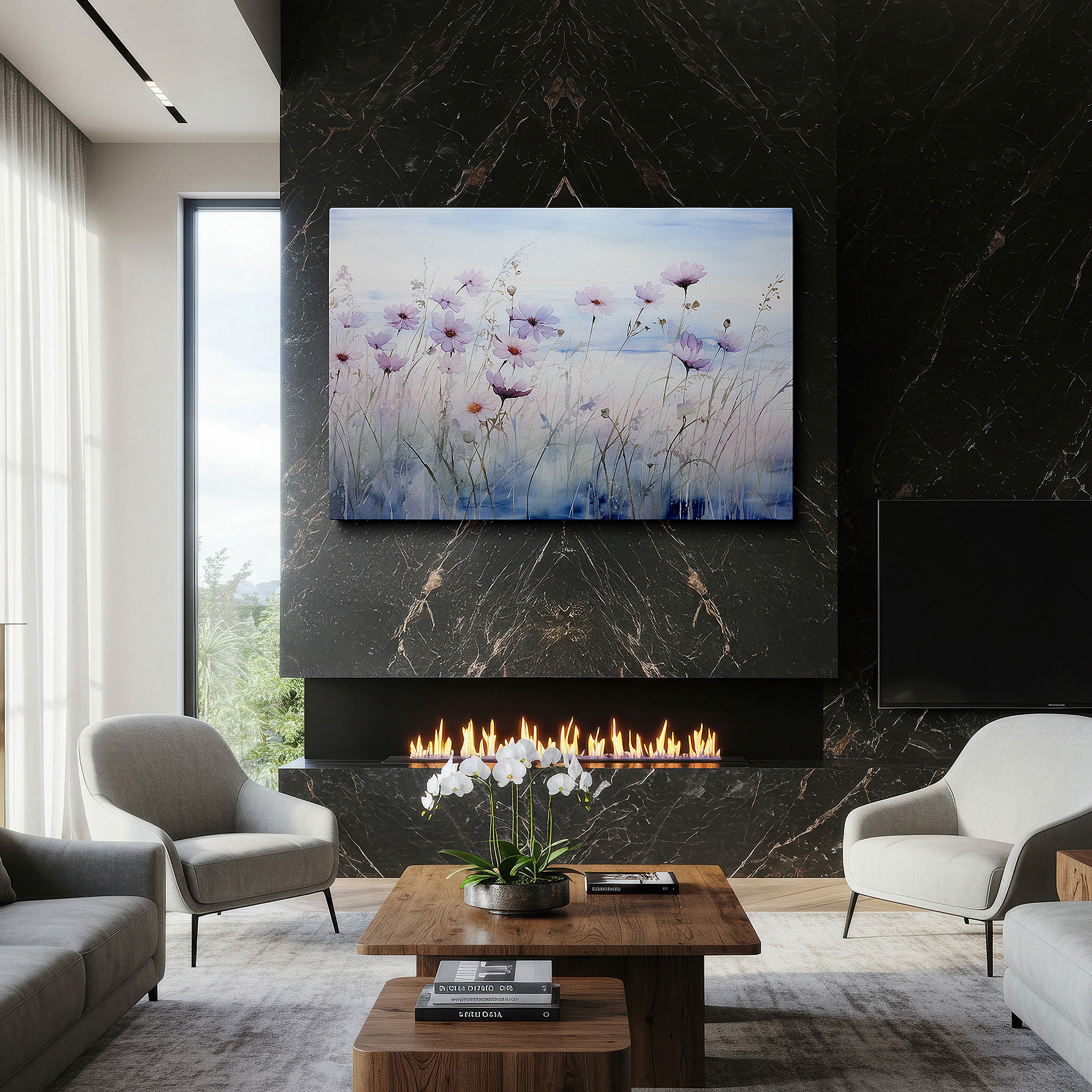 Presented on a clean white gallery wall with ample space — soft-hued serene blooms: tranquil floral wall art for peaceful spaces, perfect for office decor, large canvas prints