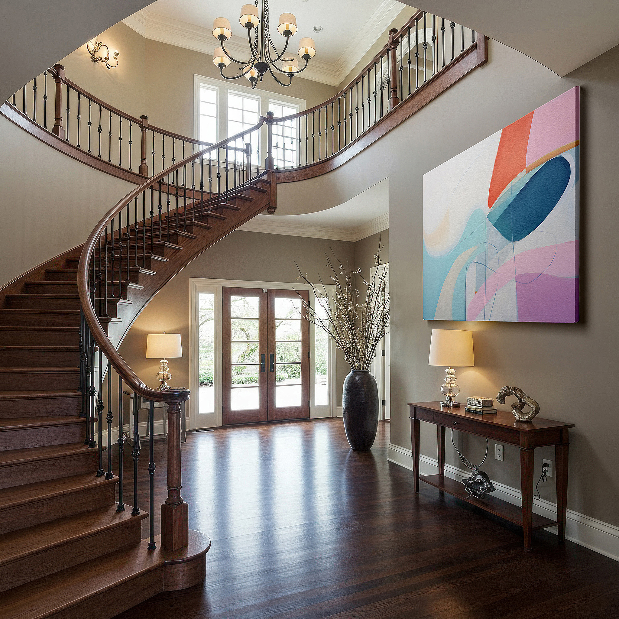 Presented on a clean white gallery wall with ample space — soft pastel and fluid form large wall art for bedrooms, living rooms, and offices