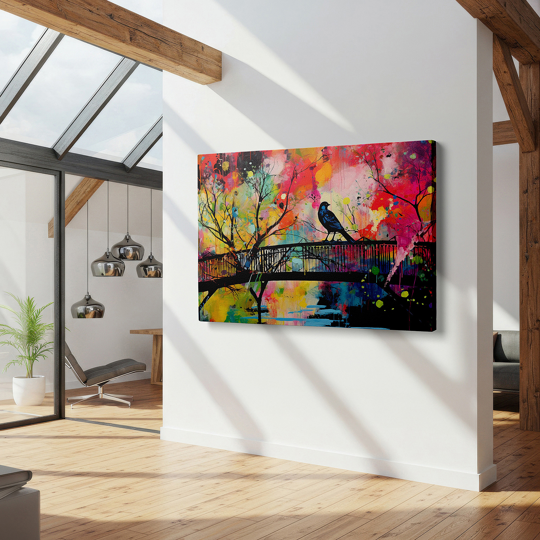 Presented on a clean white gallery wall with ample space — solitary bird on a bridge surrounded by vivid abstract splashes: a reflection on solitude and nature, large canvas wall art decor