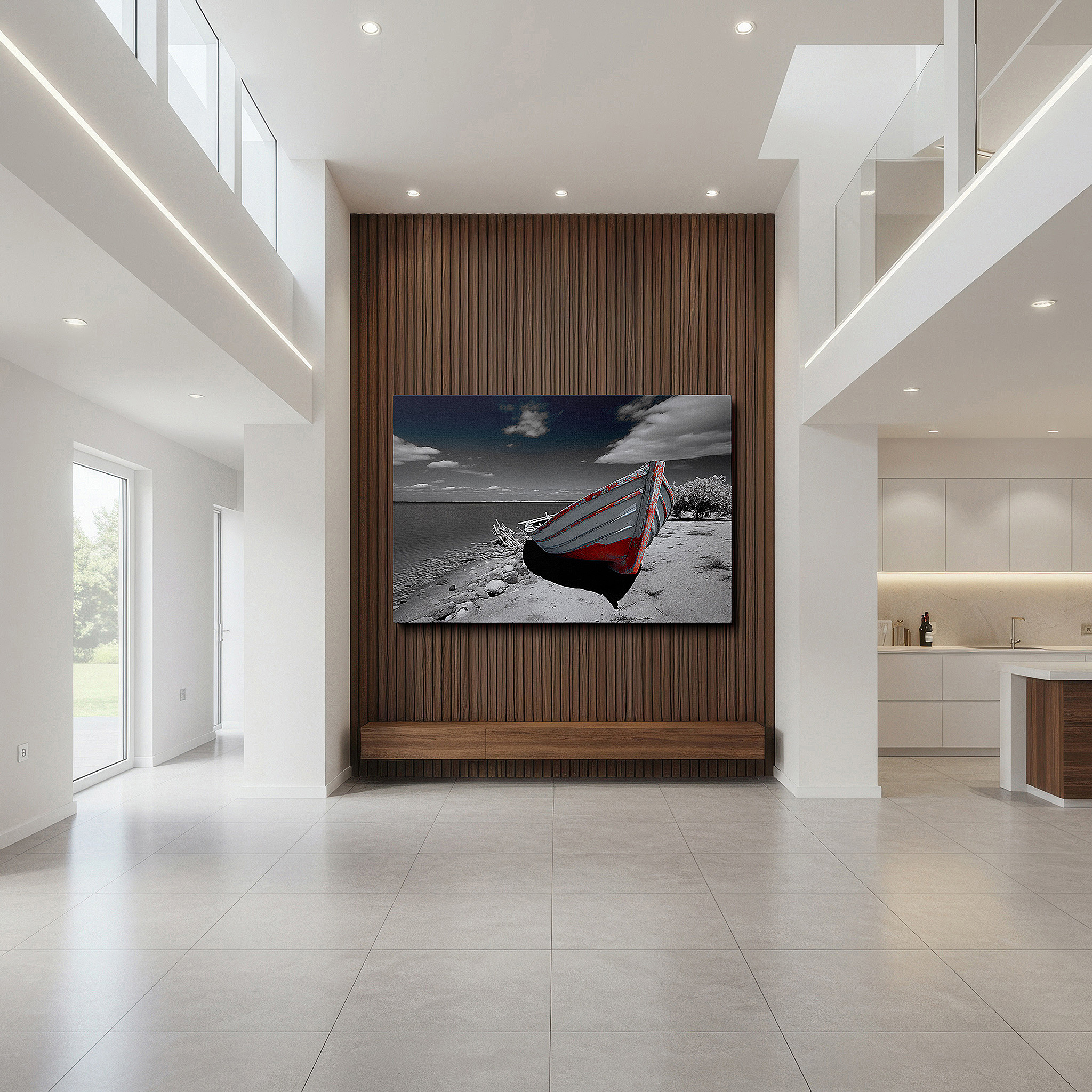 Presented on a clean white gallery wall with ample space — solitary boat on peaceful beach - embodying quiet abandonment and eternal solitude, large wall art, canvas wall art, wall decor for office