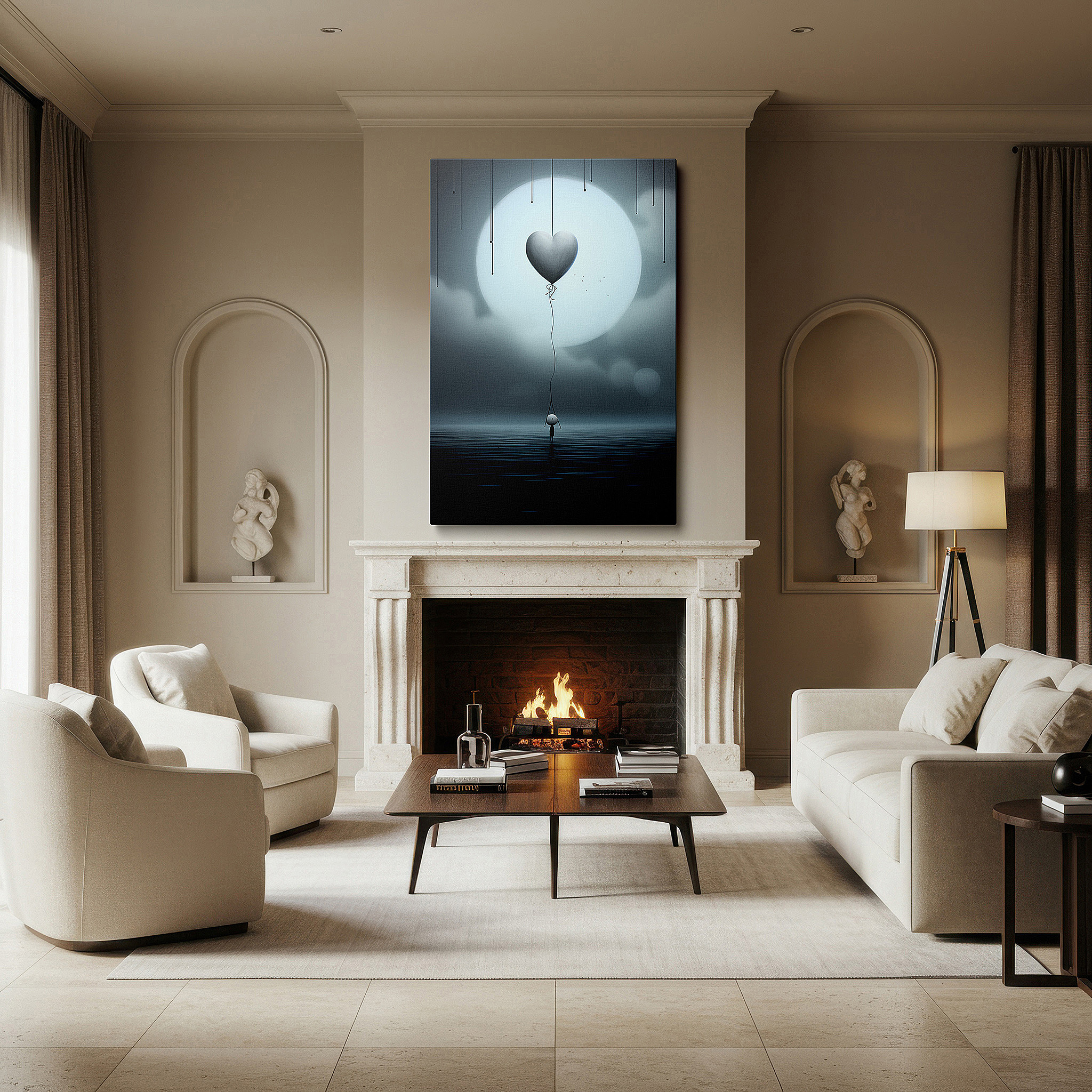 Presented on a clean white gallery wall with ample space — a solitary silhouette holding a heart-shaped balloon by the expansive moonlit ocean - large wall art, canvas wall art, wall decor for office
