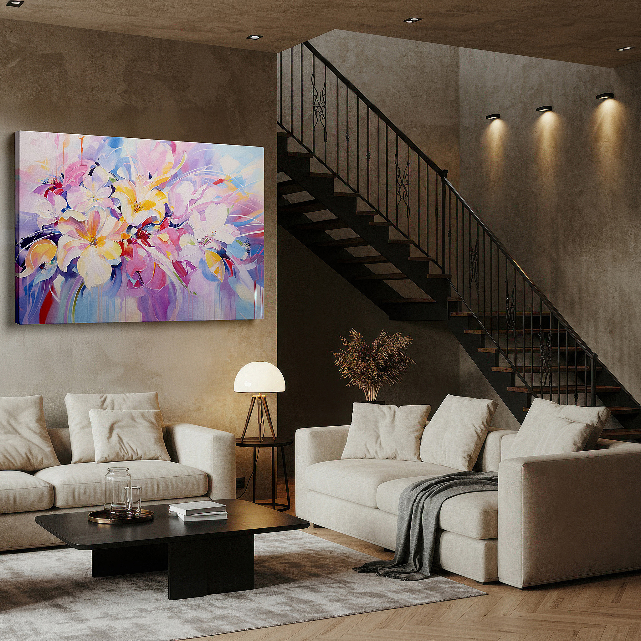 Presented on a clean white gallery wall with ample space — soothing pastel wall art celebrating nature's fleeting beauty - large canvas for home and office decor