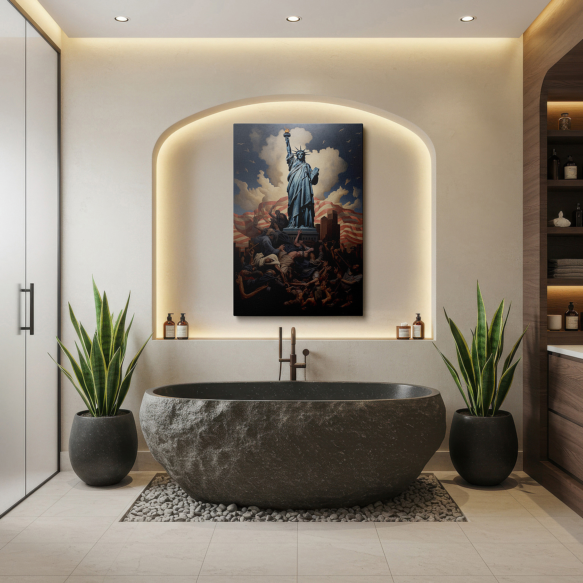 Presented on a clean white gallery wall with ample space — statue of liberty: a beacon of hope amidst stormy skies - large canvas wall art for office, bedroom, and living room decor