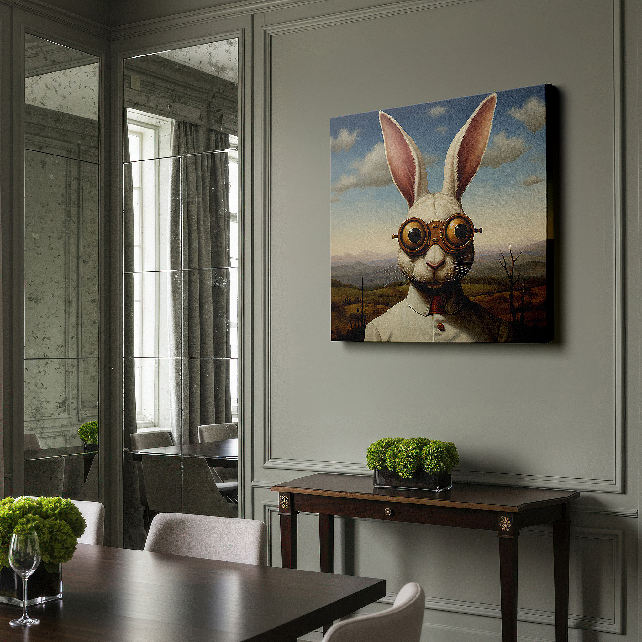 Presented on a clean white gallery wall with ample space — steampunk rabbit wall art: whimsical and mechanical twilight scene, large canvas art for home and office decor
