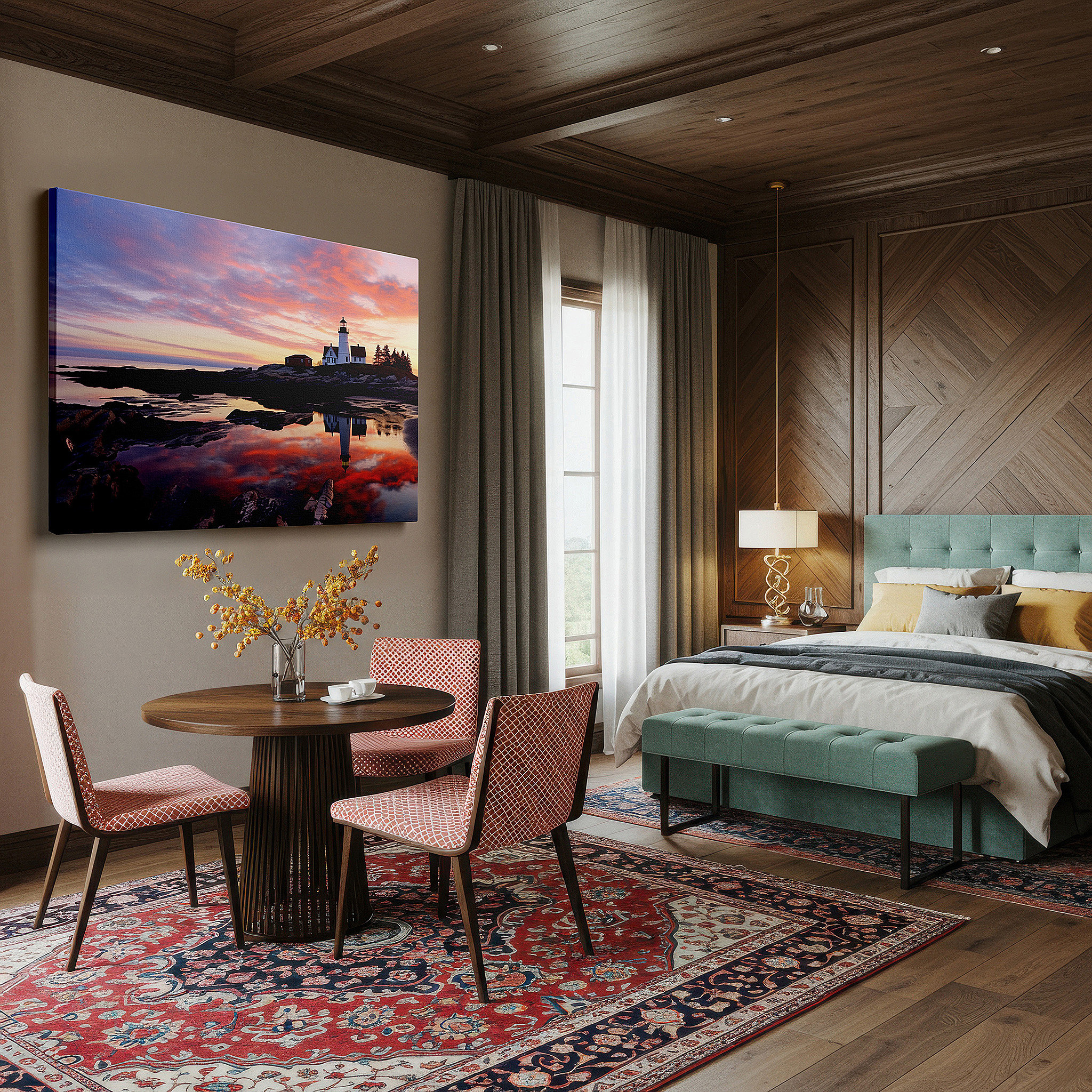 Presented on a clean white gallery wall with ample space — stunning lighthouse canvas wall art: a symbol of guidance against a vibrant coastal sunset, perfect for home decor
