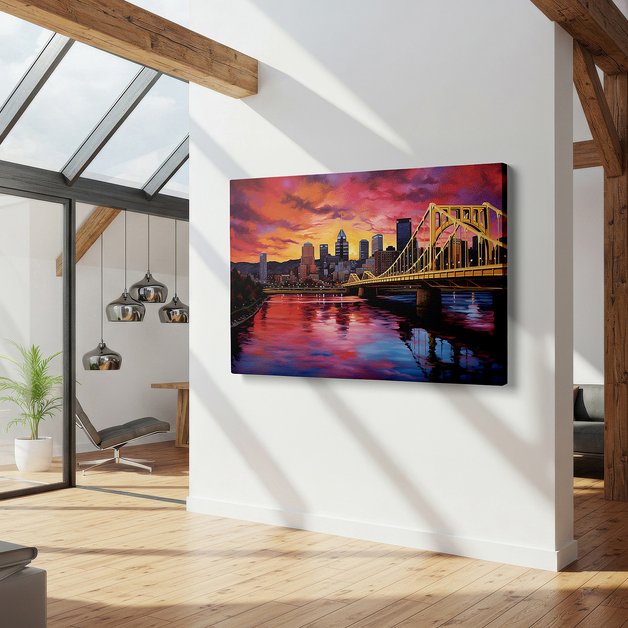 Presented on a clean white gallery wall with ample space — sunset bridge and city skyline - celebrating urban spirit and architectural elegance large wall art, canvas wall art, wall decor, office wall art