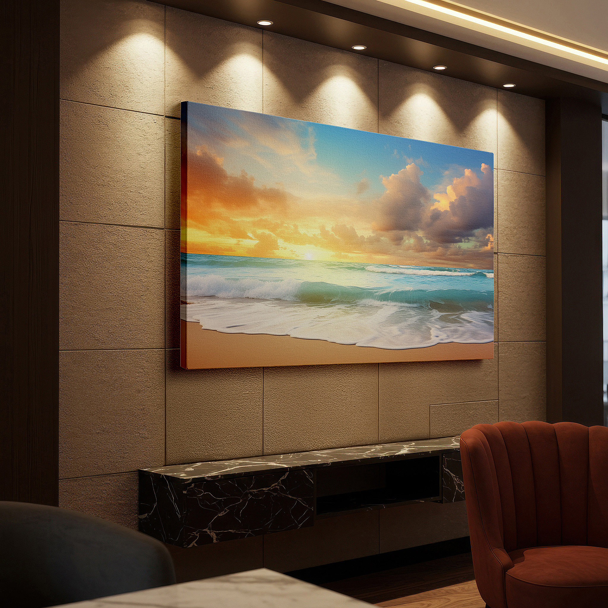 Presented on a clean white gallery wall with ample space — sunset ocean splendor - peaceful haven with fiery skies and gentle waves large wall art, canvas wall art, wall decor for office and bedroom