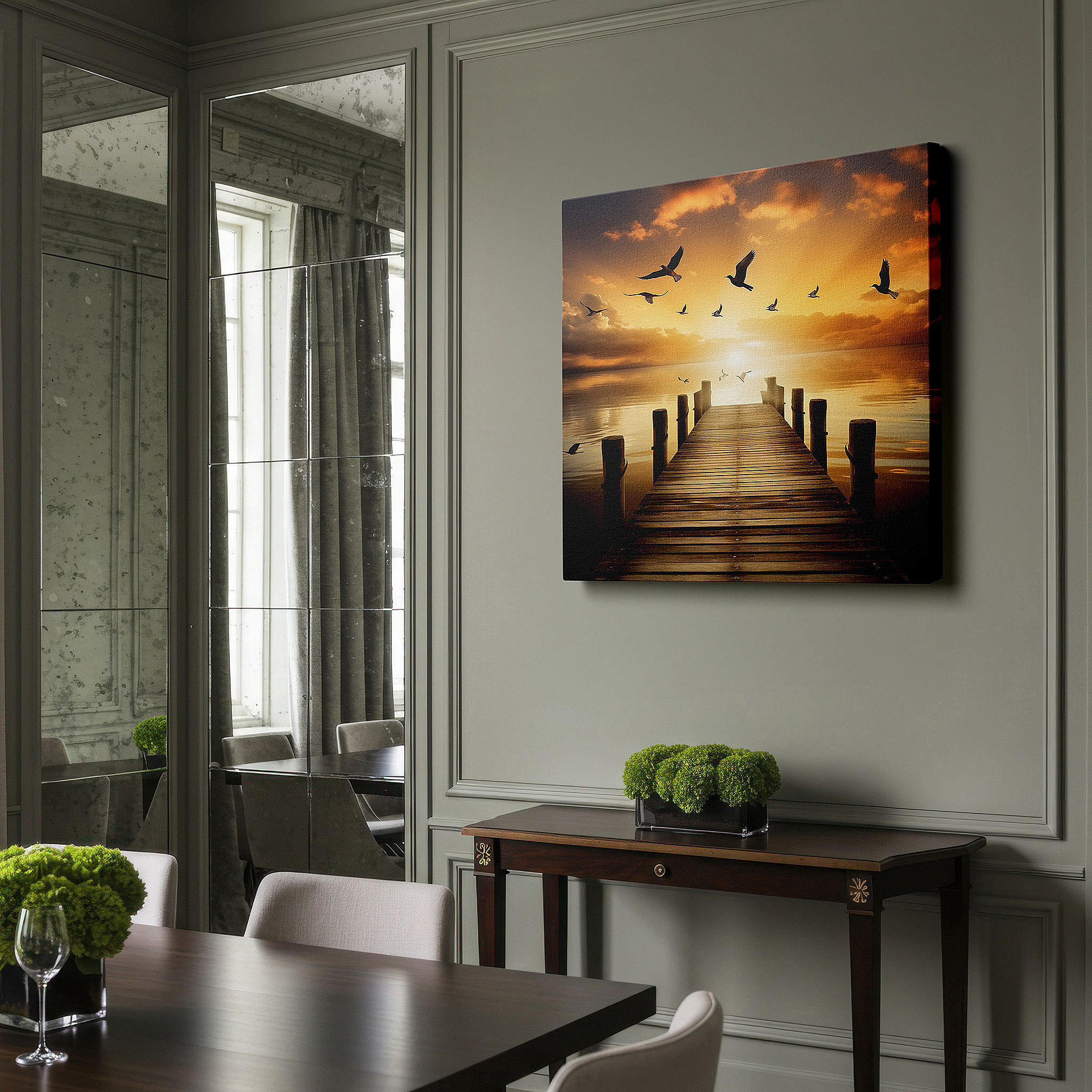 Presented on a clean white gallery wall with ample space — sunset serenity at the weathered pier wall art: reflective waters and birds in flight - large canvas for office or bedroom decor