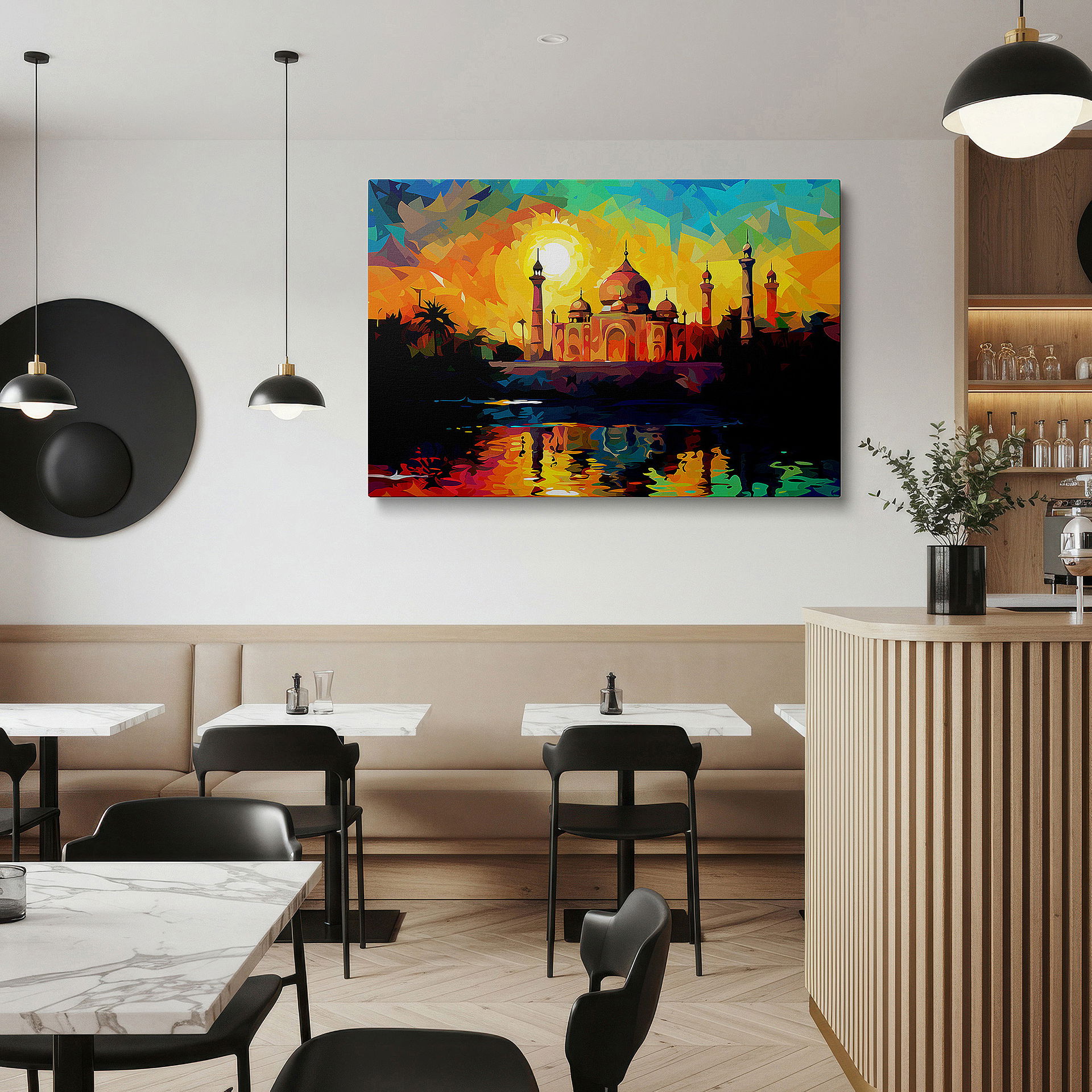 Presented on a clean white gallery wall with ample space — taj mahal radiant sun wall art - contemporary color and light