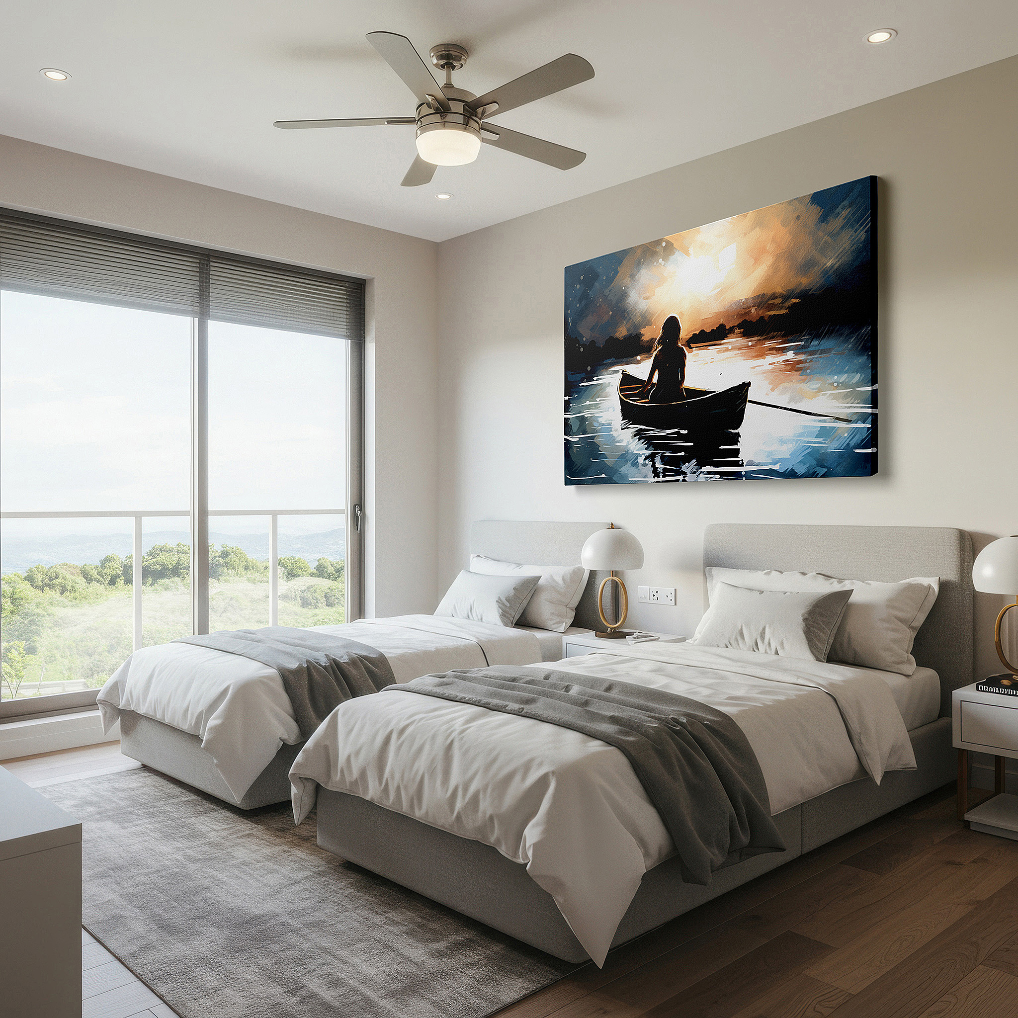 Presented on a clean white gallery wall with ample space — tranquil canoe journey at sunset: large canvas wall art depicting nature's serene splendor for office and bedroom decor