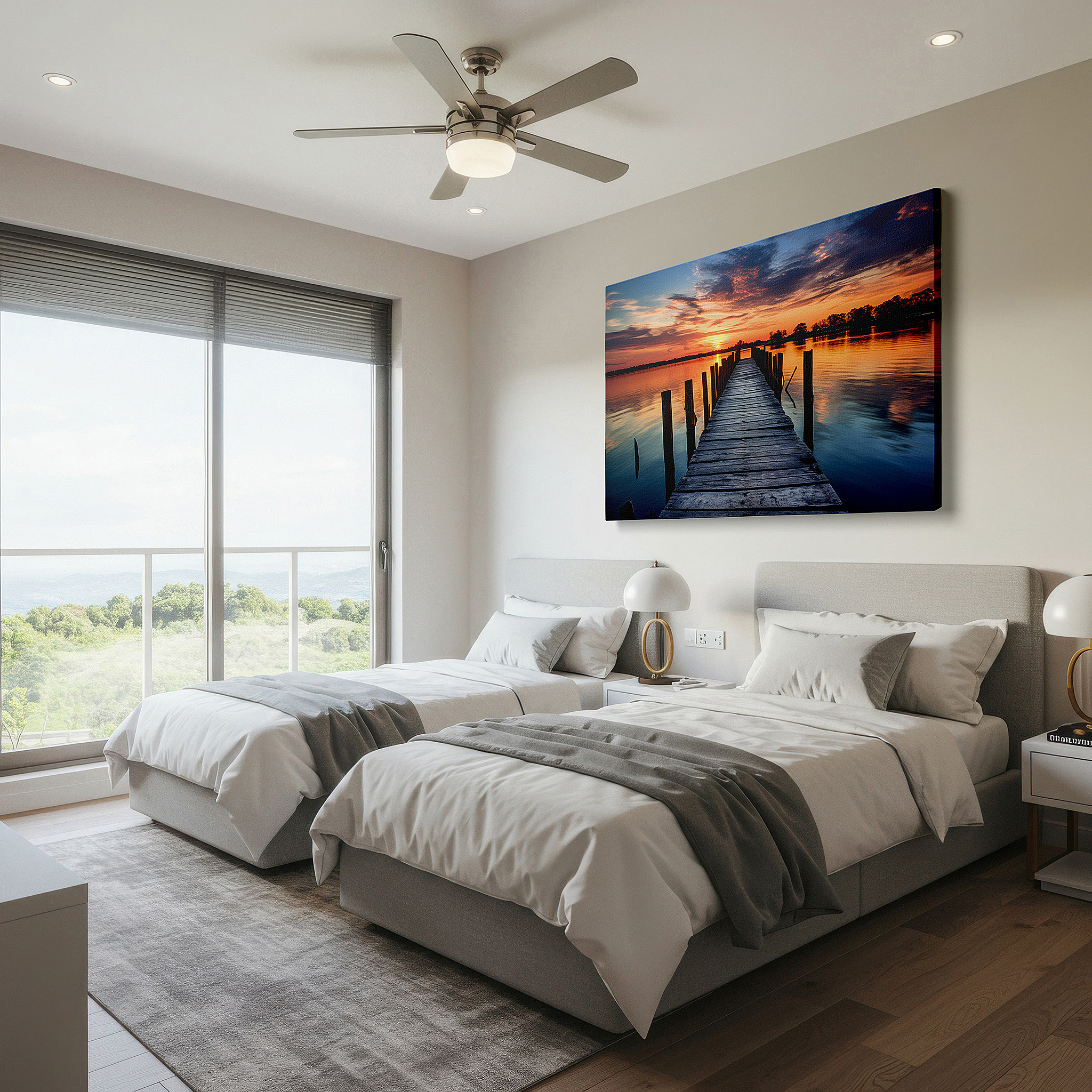 Presented on a clean white gallery wall with ample space — tranquil sunset and rustic dock canvas print - serene lake reflection and sky wall art for office and bedroom decor