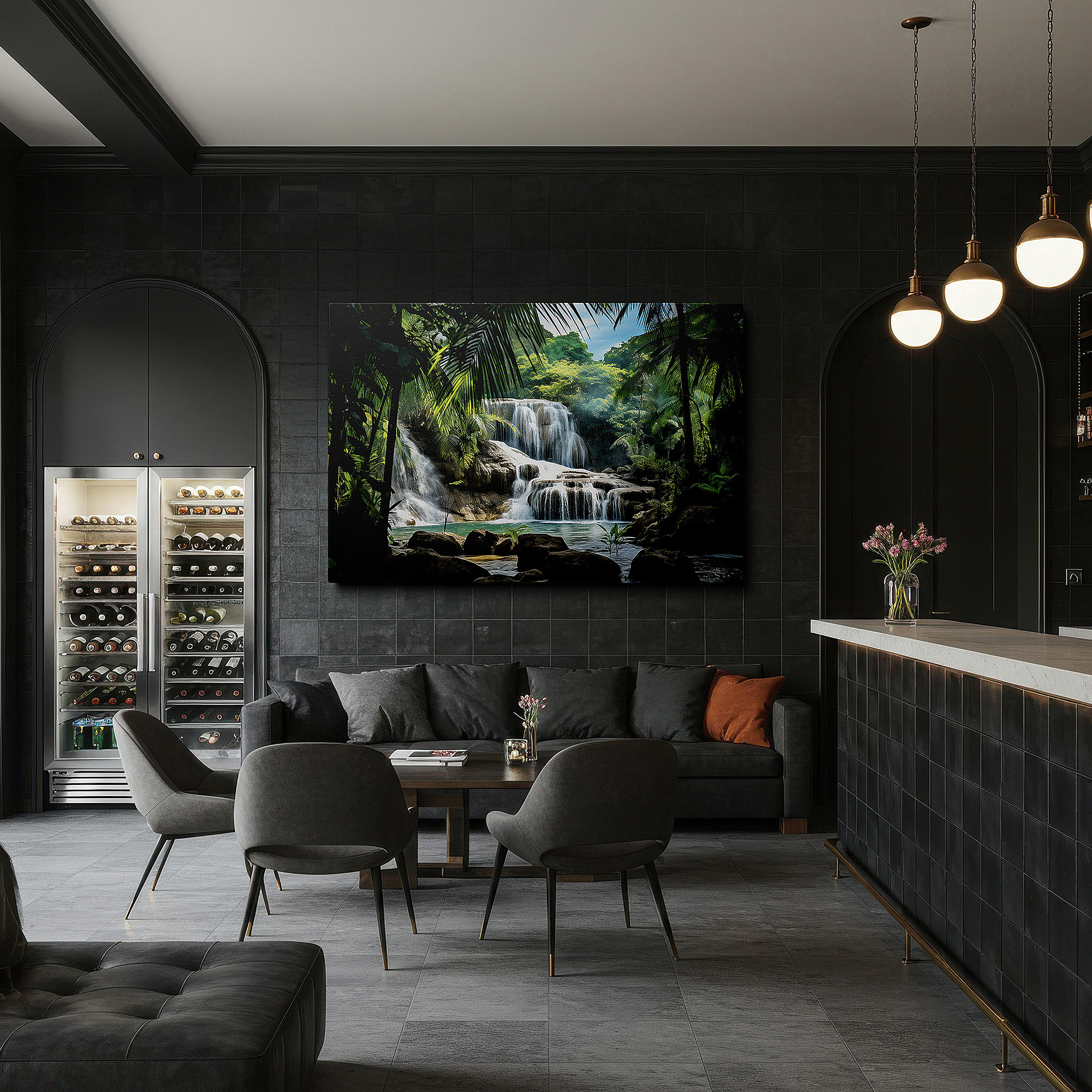 Presented on a clean white gallery wall with ample space — tranquil waterfall and verdant foliage wall art, large canvas for serene nature escape, ideal for home and office decor
